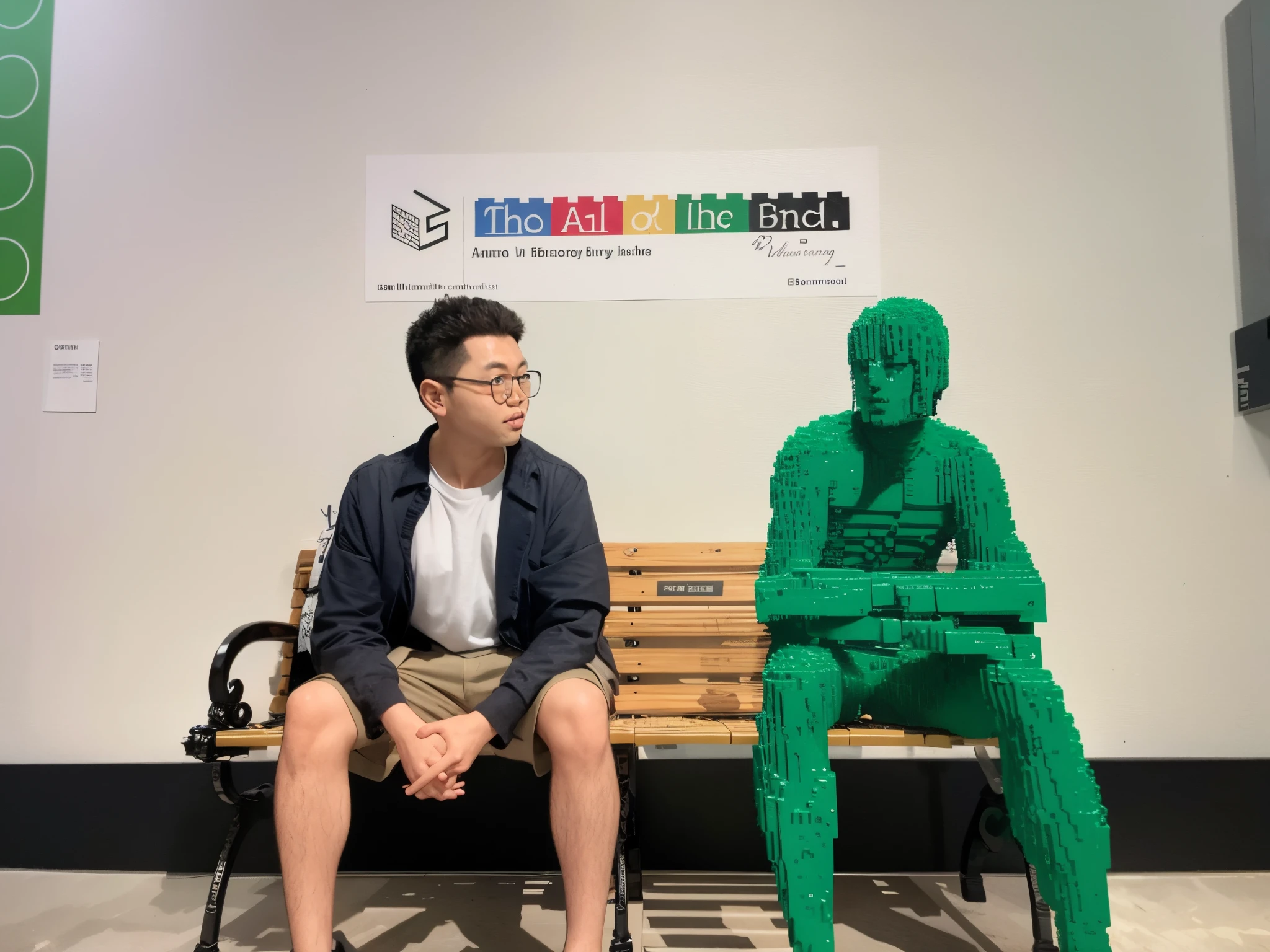 Handsome young man sitting on bench next to Lego man, Artist unknown, Junji Ito and Horiyoshi III, Shot with Sony alpha 9, Height 170 cm, unknown artist, made of lego, at a museum, chinese artist, inspired by Yeong-Hao Han, Shoot with an iPhone, made out of legos