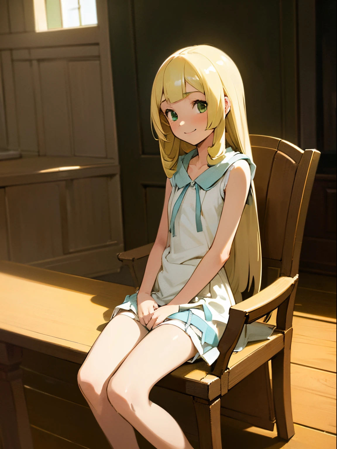 Lillie, long blonde hair, green eyes, 1girl, high quality, best quality, illustration, masterpiece, (highly detailed:1.2), (extremely detailed:1.3), flat chest, hoodie, bare shoulders, string ribbon, child, petite, shorts, loli, in a house, sitting on chair, innocent smile, specular lighting, moisturized skin