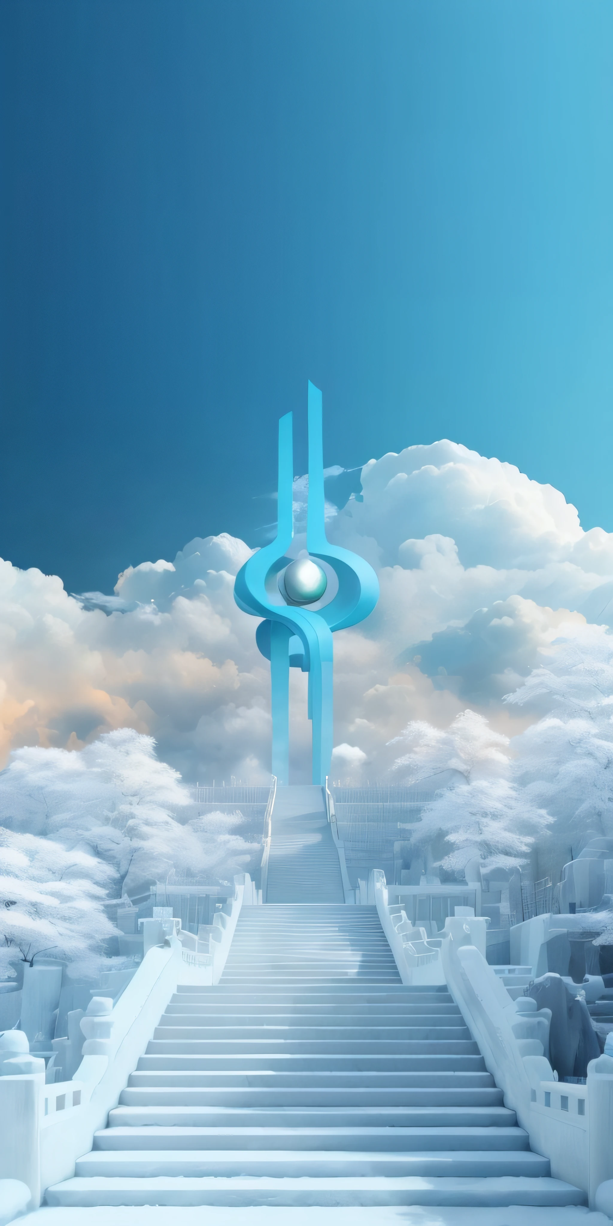 Blizzarding，There are stairs leading to it, Beautiful city renderings, City digital painting, Cloud City, Chinese urban architecture, A city floating in the air, a temple background, Zen temple background, lie on white clouds fairyland, Chinese architecture, Castle made of clouds, Chinese Dreamland