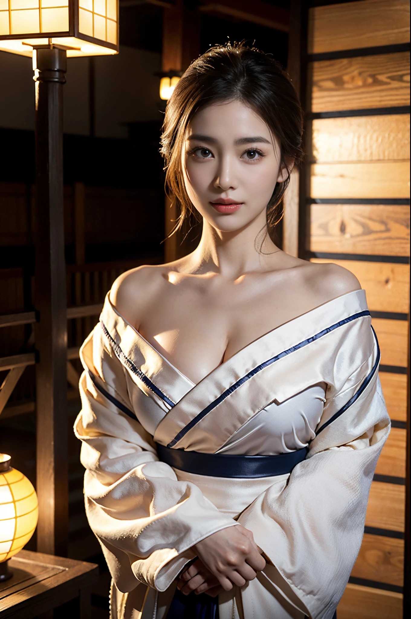 Bewitching beautiful mature woman、40 years、stature　154cm、well-proportioned figure、The figure of the hourglass、Japan in a yukata、Yukata at Japan Ryokan、Shoulder out、鎖骨、model in Japan、Japan sensual woman, Gorgeous Japan Woman, goddess of Japan, A smile、Raw photo, (in 8K、top-quality、​masterpiece:1.2)、(intricate detailes:1.4)、(Photorealsitic:1.4)、octane renderings、Complex 3D rendering ultra detail, studio lights, Rim Lights, vibrant detail, super detailing, realistic skin textures, Detail Face, Beautiful detail eyes, Very detailed CG Unity 16k wallpaper, make - up, (detailedbackground:1.2),　shinny skin、