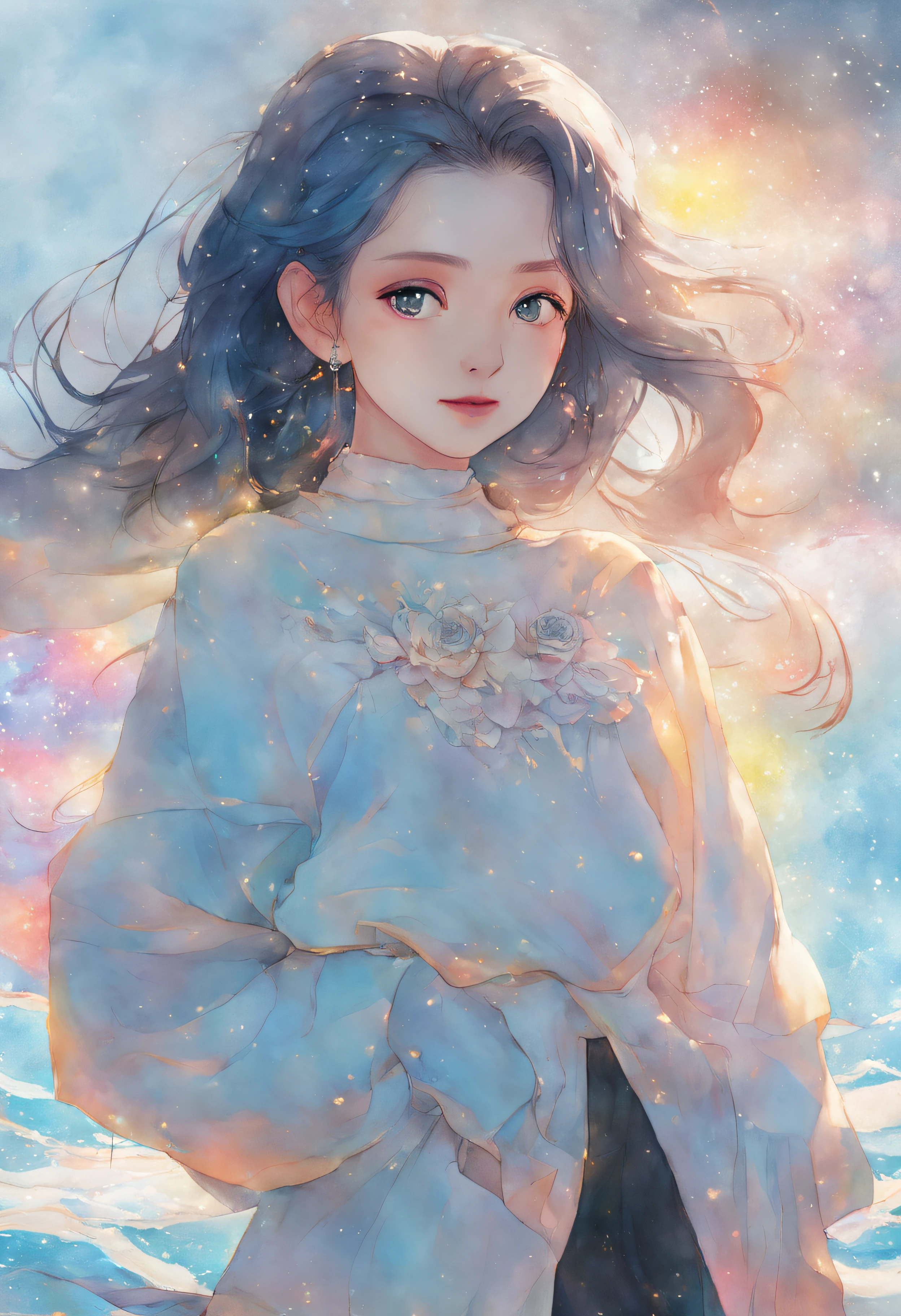 Anime ,Realistic ,sketch , 1girl in, beautiful countenance、Lustrous lips, turtle necked sweater,order, blue and yellow gradient background, Neon Hair,textured crop , (masutepiece,Best Quality,rainbow)、ink and watercolor painting、Ultra Miniature Paintings、(Nebula background:1.3)、dynamicposes、girl swimming in the deep sea、(see through colorful cloth:1)、(portlate:1.1)、A smile、Clean face、Traditional Chinese Art Style、(beautiful detailed water)、((extremely delicate and beautiful girl))、Dynamic angles、(beatiful detailed eyes)、(Detailed light)、radiant eyes、