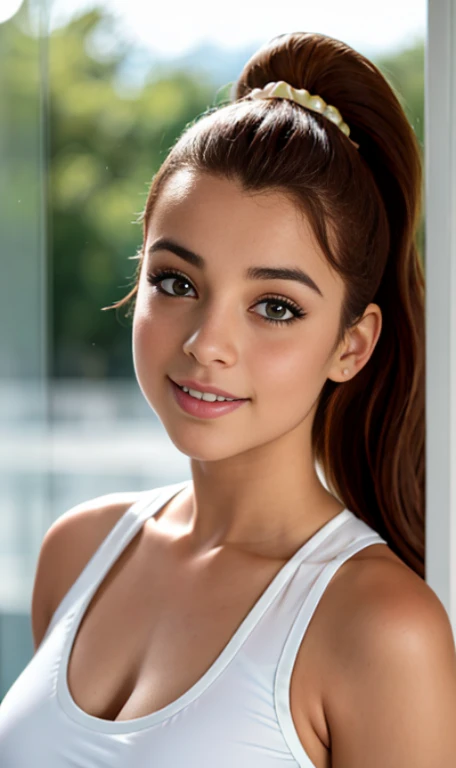 Photo of a 14 year-old european girl, .RAW, hermosa chica adolesente, (Long brown hair with ponytail), light brown hair ponytail hairstyle((retrato)), ((Cara detallada:1.2)), ((Detailed facial features)), (Piel finamente detallada)  , (Masutepiece) (proporciones perfectas)(fotos realistas)(La mejor calidad) (Detallado) fotografiado con una EOS R5 de Canon, Lente de 50 mm, f/2.8, NffSW, (8k) (papel tapiz) (cinematic lighting) (Dramatic lighting) (foco nítido) (Enrevesado) senos medianos , pechos medianos , pecas en mejillas , cuerpo completo , hermoso cuerpo de mujer ,  lindo maquillaje , gran sonrisa, sonrojada  , hermosa chica delgada escultural , usando pijama sexy , muy poca ropa sexy ,posando para foto , seduccion ,mandando beso