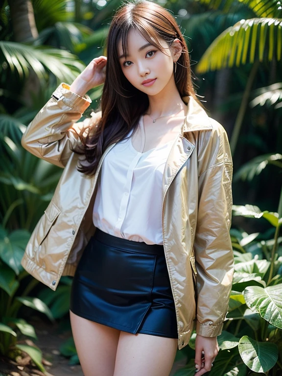 ((top-quality、in 8K、masterpiece:1.3、Raw photo))、Super high quality photos, In the tropical jungle, ((wearing jacket and skirt)), ((Wear a white blouse shirt under the jacket)), ((Perfect beauty 20 year old idol Japan woman)), ((a smile)), ((protruding nipples under the shirt,,)), ((Hair fluttering in the wind)), ((slim figure)), ((Slim legs)), ((slim thigh)), ((Perfect beauty 20 year old idol Japan woman)), (Photorealistic: 1.4), (Ultra-high detail), (hyper realisitic: 1.4), (Realistic: 1.3), (Smooth lighting: 1.05), Full body, 1girl in, Solo, (Japanese actressl), 20yr old, cinematlic lighting, ((Leaner figure)), Good anatomy, Correct anatomy, In the tropical jungle, ((Perfect beauty 20 year old idol Japan woman)), ((Slim legs)), ((slim thigh)), ,((Perfect beauty)), ((He has a small camping bag in one hand.)), ((Panties are visible through the skirt)), ((a smile)), ((camel's toe)), ((wearing jacket and skirt)), ((The wind is blowing up my skirt and I can see my panties.)),