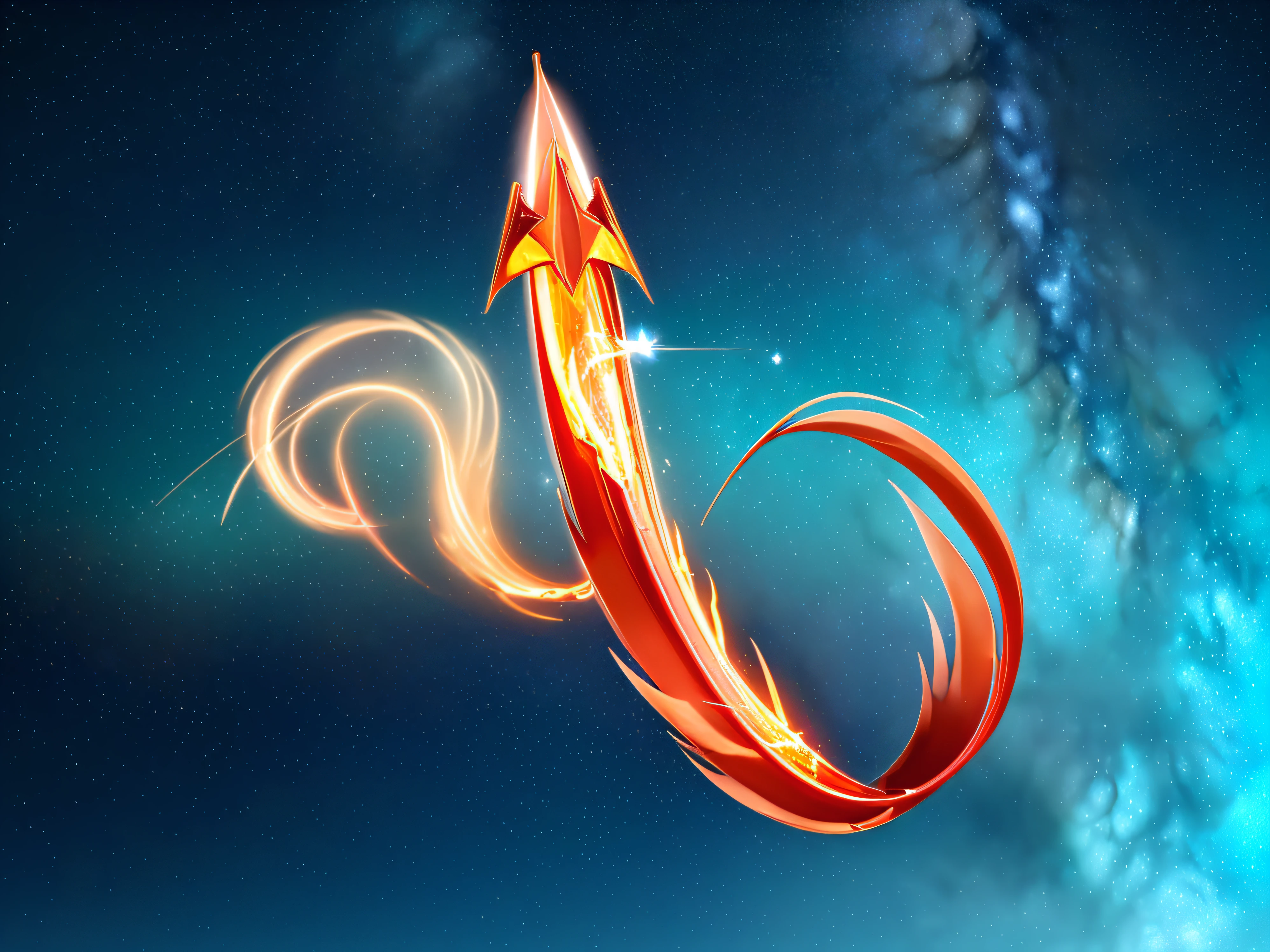 golden sharp arrow。Dragging a tail of red flames,Detailed Figure 4K,The background is a dark blue starry sky,Starry