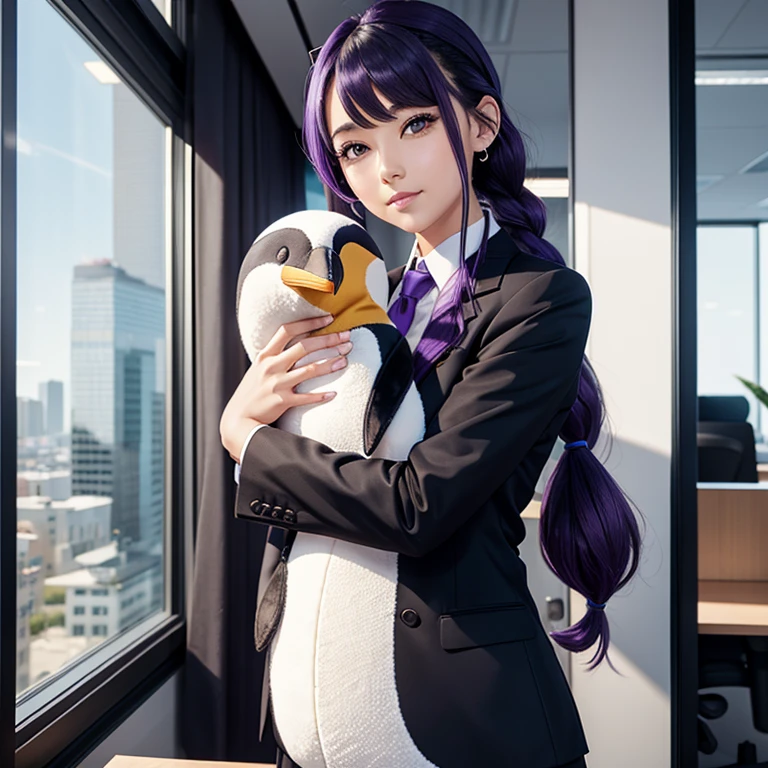 Am office girl hugging a stuffed penguin,, office suit, working girl, oreilles de chat, Cat tail,; Dark and Purple hair, Braided long hair, , belle poitrine, clivage, Charismatic character, in a Halo of Light, Avatar de seconde vie, Nice screenshot, Femme seduisante vue complète du corps, High quality, very detailed skin