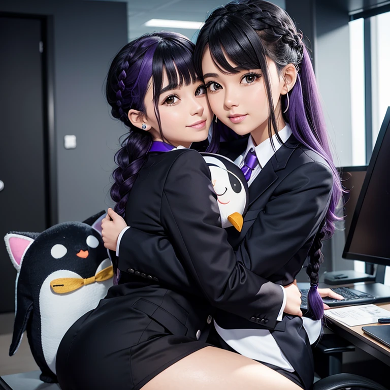 Am office girl hugging a stuffed penguin,, office suit, working girl,  oreilles de chat, Cat tail,; Dark and Purple hair, Braided long hair, , belle poitrine, clivage, Charismatic character, in a Halo of Light, Avatar de seconde vie, Nice screenshot, Femme seduisante vue complète du corps, High quality, very detailed skin