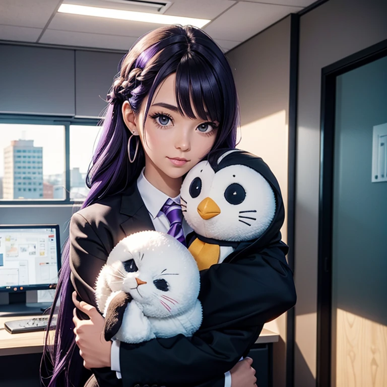 Am office girl hugging a stuffed penguin,, office suit, working girl,  oreilles de chat, Cat tail,; Dark and Purple hair, Braided long hair, , belle poitrine, clivage, Charismatic character, in a Halo of Light, Avatar de seconde vie, Nice screenshot, Femme seduisante vue complète du corps, High quality, very detailed skin