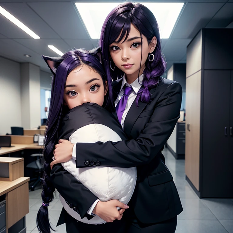 Am office girl hugging a stuffed penguin,, office suit, working girl, oreilles de chat, Cat tail,; Dark and Purple hair, Braided long hair, , belle poitrine, clivage, Charismatic character, in a Halo of Light, Avatar de seconde vie, Nice screenshot, Femme seduisante vue complète du corps, High quality, very detailed skin