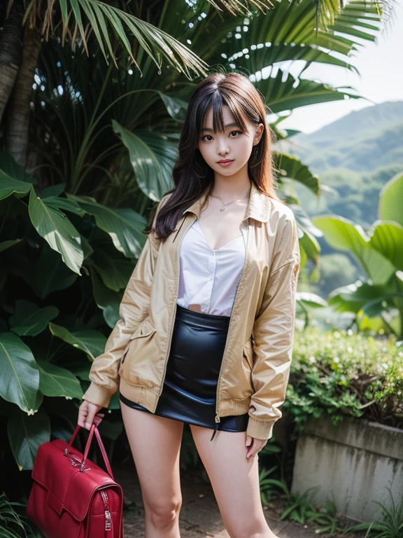 ((top-quality、in 8K、​masterpiece:1.3、Raw photo))、Super high quality photos, In the tropical jungle, ((wearing jacket and skirt)), ((Wear a white blouse shirt under the jacket)), ((Perfect beauty 20 year old idol Japan woman)), ((a smile)), ((protruding nipples under the shirt,,)), ((Hair fluttering in the wind)), ((slim figure)), ((Slim legs)), ((slim thigh)), ((Perfect beauty 20 year old idol Japan woman)), (Photorealistic: 1.4), (Ultra-high detail), (hyper realisitic: 1.4), (Realistic: 1.3), (Smooth lighting: 1.05), Full body, 1girl in, Solo, (Japanese actressl),　20yr old, cinematlic lighting,  ((Leaner figure)), Good anatomy, Correct anatomy, In the tropical jungle, ((Perfect beauty 20 year old idol Japan woman)),  ((Slim legs)), ((slim thigh)), ,((Perfect beauty)), ((He has a small camping bag in one hand.)), ((Panties are visible through the skirt)), ((a smile)), ((camel's toe)), ((wearing jacket and skirt)), ((The wind is blowing up my skirt and I can see my panties.)),