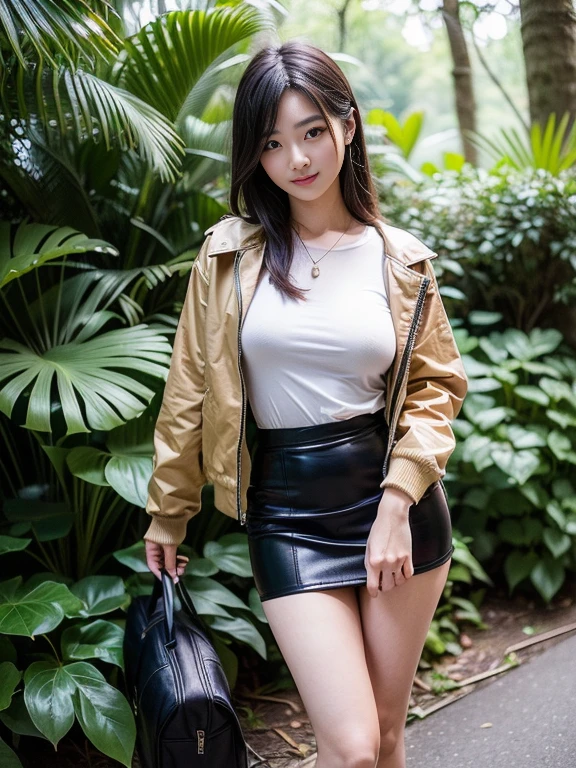 ((top-quality、in 8K、masterpiece:1.3、Raw photo))、Super high quality photos, In the tropical jungle, ((wearing jacket and skirt)), ((Wear a white blouse shirt under the jacket)), ((Perfect beauty 20 year old idol Japan woman)), ((a smile)), ((protruding nipples under the shirt,,)), ((Hair fluttering in the wind)), ((slim figure)), ((Slim legs)), ((slim thigh)), ((Perfect beauty 20 year old idol Japan woman)), (Photorealistic: 1.4), (Ultra-high detail), (hyper realisitic: 1.4), (Realistic: 1.3), (Smooth lighting: 1.05), Full body, 1girl in, Solo, (Japanese actressl), 20yr old, cinematlic lighting, ((Leaner figure)), Good anatomy, Correct anatomy, In the tropical jungle, ((Perfect beauty 20 year old idol Japan woman)), ((Slim legs)), ((slim thigh)), ,((Perfect beauty)), ((He has a small camping bag in one hand.)), ((Panties are visible through the skirt)), ((a smile)), ((camel's toe)), ((wearing jacket and skirt)), ((The wind is blowing up my skirt and I can see my panties.)),