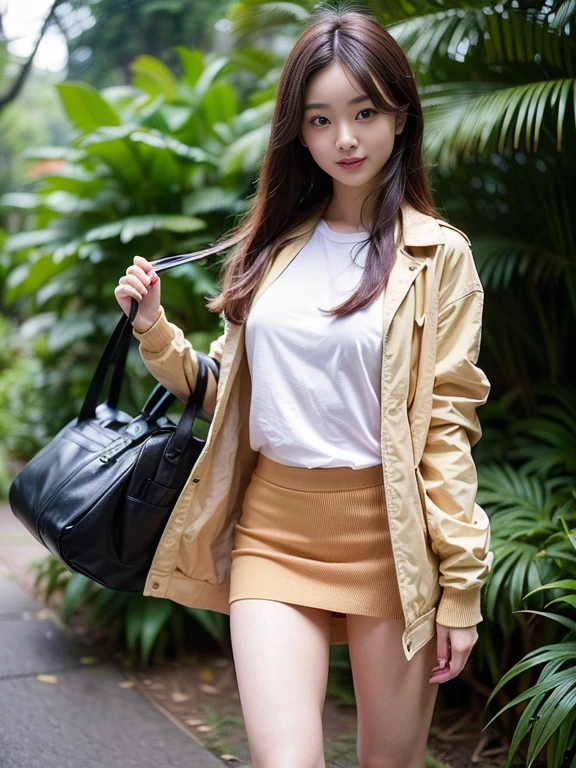 ((top-quality、in 8K、masterpiece:1.3、Raw photo))、Super high quality photos, In the tropical jungle, ((wearing jacket and skirt)), ((Wear a white blouse shirt under the jacket)), ((Perfect beauty 20 year old idol Japan woman)), ((a smile)), ((protruding nipples under the shirt,,)), ((Hair fluttering in the wind)), ((slim figure)), ((Slim legs)), ((slim thigh)), ((Perfect beauty 20 year old idol Japan woman)), (Photorealistic: 1.4), (Ultra-high detail), (hyper realisitic: 1.4), (Realistic: 1.3), (Smooth lighting: 1.05), Full body, 1girl in, Solo, (Japanese actressl), 20yr old, cinematlic lighting, ((Leaner figure)), Good anatomy, Correct anatomy, In the tropical jungle, ((Perfect beauty 20 year old idol Japan woman)), ((Slim legs)), ((slim thigh)), ,((Perfect beauty)), ((He has a small camping bag in one hand.)), ((Panties are visible through the skirt)), ((a smile)), ((camel's toe)), ((wearing jacket and skirt)), ((The wind is blowing up my skirt and I can see my panties.)),