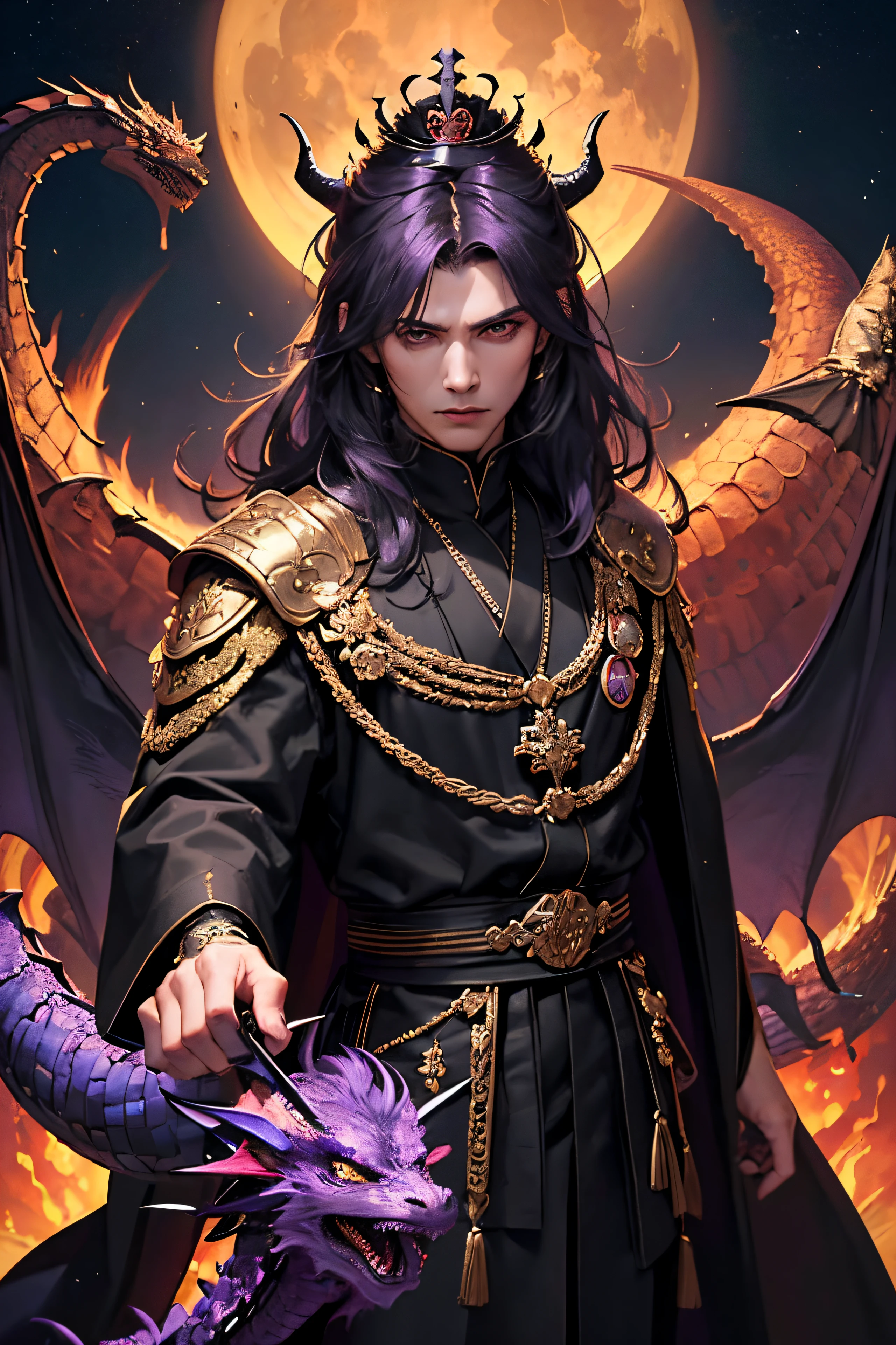 lots of details, real-world scenarios, high-definition photography, perfect hands, perfect eyes, perfect skin, perfect face, fierce 4k, masterpiece, looking at viewer, ((1 man 30 years old)), handsome, demon, king, emperor, warrior, (wearing a emperor crown), messy black long hair, mountain, large moon, (((wearing a royal black long robe with bright purple dragon embroidery))), black turtleneck shirt, black pants, (((male))), battle pose, dragon, devilish gaze, cool and seductive, evil God, (((seductive gaze))), floating in mid air