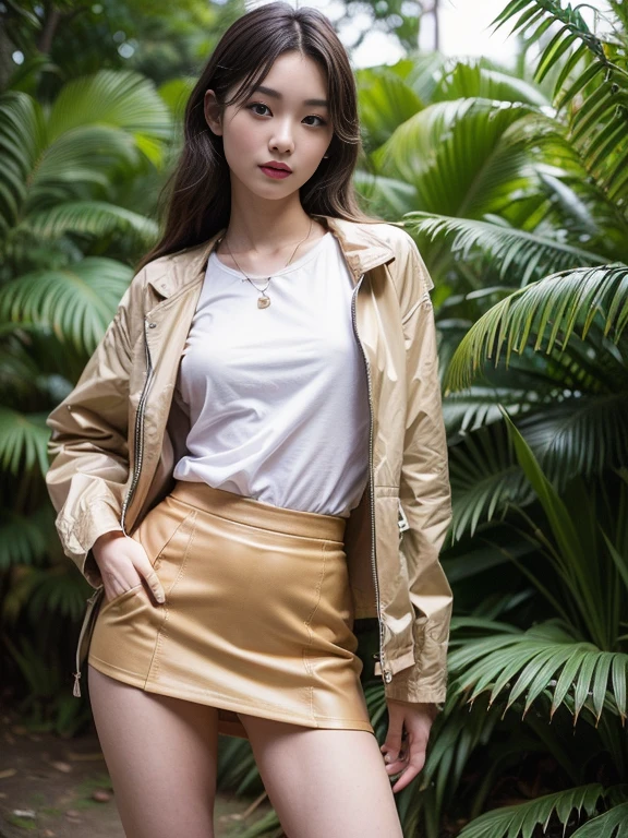 ((top-quality、in 8K、masterpiece:1.3、Raw photo))、Super high quality photos, In the tropical jungle, ((wearing jacket and skirt)), ((Wear a white blouse shirt under the jacket)), ((Perfect beauty 20 year old idol Japan woman)), ((a smile)), ((protruding nipples under the shirt,,)), ((Hair fluttering in the wind)), ((slim figure)), ((Slim legs)), ((slim thigh)), ((Perfect beauty 20 year old idol Japan woman)), (Photorealistic: 1.4), (Ultra-high detail), (hyper realisitic: 1.4), (Realistic: 1.3), (Smooth lighting: 1.05), Full body, 1girl in, Solo, (Japanese actressl), 20yr old, cinematlic lighting, ((Leaner figure)), Good anatomy, Correct anatomy, In the tropical jungle, ((Perfect beauty 20 year old idol Japan woman)), ((Slim legs)), ((slim thigh)), ,((Perfect beauty)), ((He has a small camping bag in one hand.)), ((Panties are visible through the skirt)), ((a smile)), ((camel's toe)), ((wearing jacket and skirt)), ((The wind is blowing up my skirt and I can see my panties.)),