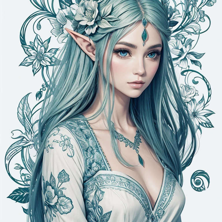 Line etching of a beautiful elf woman with abstract floral designs