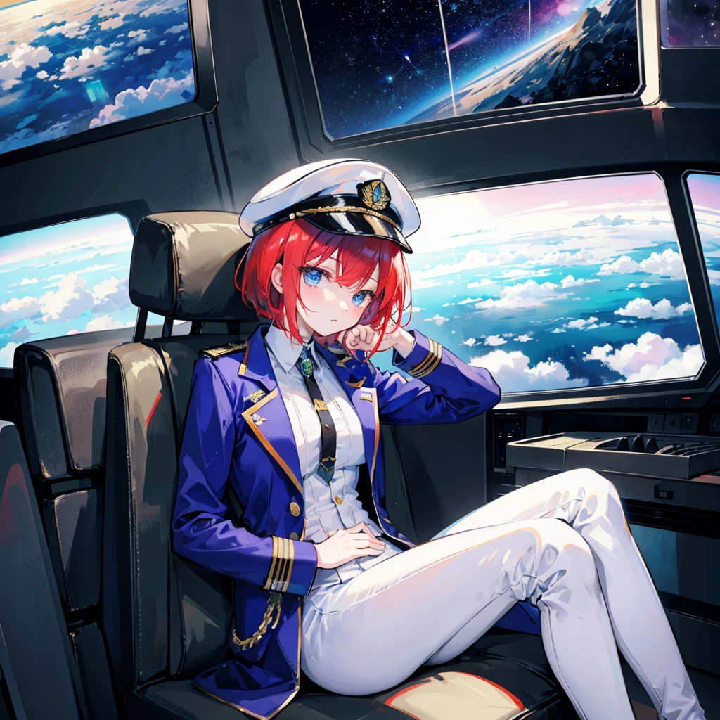 （（（​masterpiece）））、（（（Top image quality）））、（（（top-quality）））、（Illustration of one woman）、full bodyesbian、（（25-years old））、Red-haired shorthair、（Thin hair hanging down both sides of the face）、Blue eyes、（（neuter））、（（Tall））、（（Muscular and strong body））、abdominals、（（muscular and thick arms））、（（muscular and thick legs））、（（manspreading））、opening legs、（（Military uniforms））、（（Military Cap））、（（Military coat））、（white  clothes）、（White pants）、（White cap）、trench coat、（（Inside the spaceship、Sitting in the captain's seat））、（Outside the window、kosmos、Earth seen from space、Spaceport）