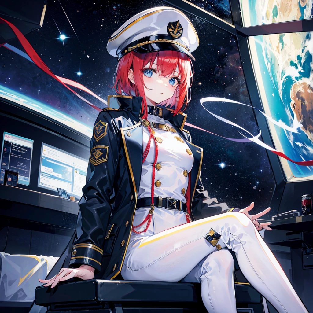(((masterpiece)))、(((Top image quality)))、(((top-quality)))、(Illustration of one woman)、full bodyesbian、((25-years old))、Red-haired shorthair、(Thin hair hanging down both sides of the face)、Blue eyes、((neuter))、((Tall))、((Muscular and strong body))、abdominals、((muscular and thick arms))、((muscular and thick legs))、((manspreading))、opening legs、((Military uniforms))、((Military Cap))、((Military coat))、(white clothes)、(White pants)、(White cap)、trench coat、((Inside the spaceship、Sitting in the captain's seat))、(Outside the window、kosmos、Earth seen from space、Spaceport)
