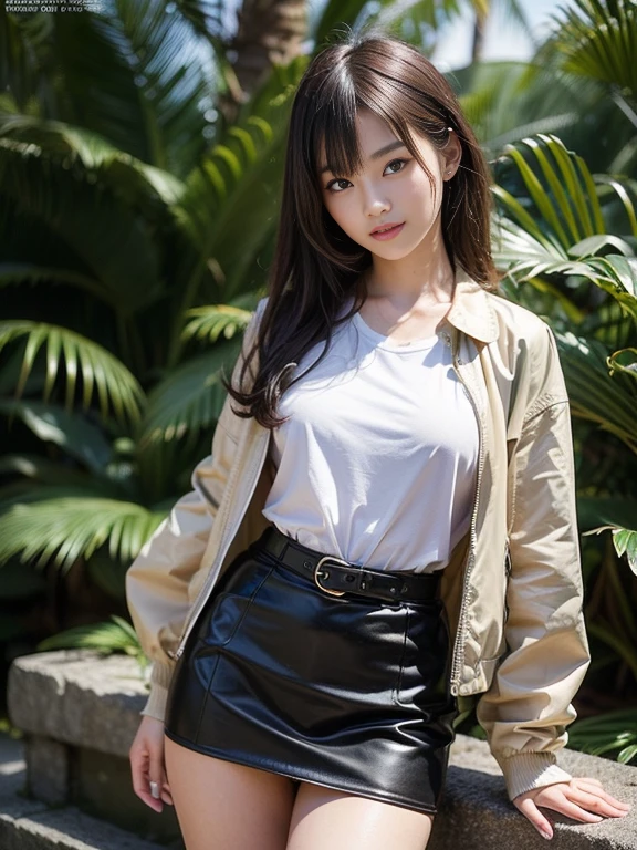 ((top-quality、in 8K、masterpiece:1.3、Raw photo))、Super high quality photos, In the tropical jungle, ((wearing jacket and skirt)), ((Wear a white blouse shirt under the jacket)), ((Perfect beauty 20 year old idol Japan woman)), ((a smile)), ((protruding nipples under the shirt,,)), ((Hair fluttering in the wind)), ((slim figure)), ((Slim legs)), ((slim thigh)), ((Perfect beauty 20 year old idol Japan woman)), (Photorealistic: 1.4), (Ultra-high detail), (hyper realisitic: 1.4), (Realistic: 1.3), (Smooth lighting: 1.05), Full body, 1girl in, Solo, (Japanese actressl), 20yr old, cinematlic lighting, ((Leaner figure)), Good anatomy, Correct anatomy, In the tropical jungle, ((Perfect beauty 20 year old idol Japan woman)), ((Slim legs)), ((slim thigh)), ,((Perfect beauty)), ((He has a small camping bag in one hand.)), ((Panties are visible through the skirt)), ((a smile)), ((camel's toe)), ((wearing jacket and skirt)), ((The wind is blowing up my skirt and I can see my panties.)),