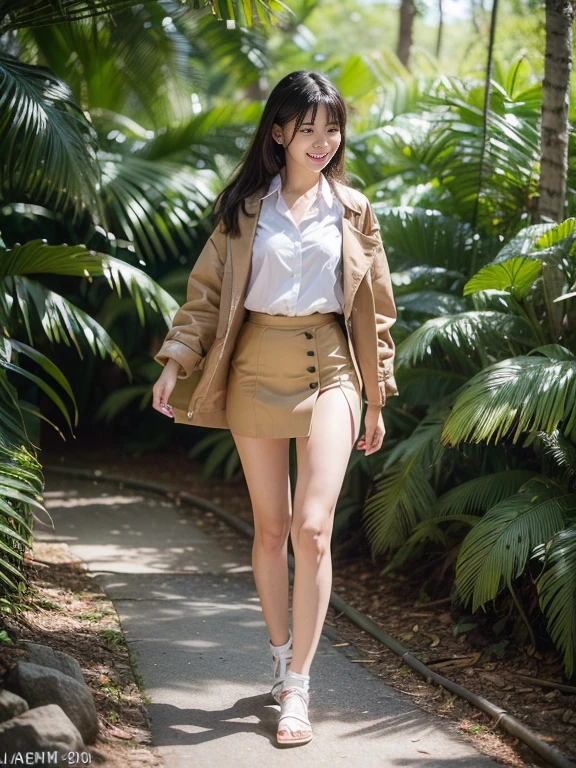 ((top-quality、in 8K、masterpiece:1.3、Raw photo))、Super high quality photos, In the tropical jungle, ((wearing jacket and skirt)), ((Wear a white blouse shirt under the jacket)), ((Perfect beauty 20 year old idol Japan woman)), ((a smile)), ((protruding nipples under the shirt,,)), ((Hair fluttering in the wind)), ((slim figure)), ((Slim legs)), ((slim thigh)), ((Perfect beauty 20 year old idol Japan woman)), (Photorealistic: 1.4), (Ultra-high detail), (hyper realisitic: 1.4), (Realistic: 1.3), (Smooth lighting: 1.05), Full body, 1girl in, Solo, (Japanese actressl), 20yr old, cinematlic lighting, ((Leaner figure)), Good anatomy, Correct anatomy, In the tropical jungle, ((Perfect beauty 20 year old idol Japan woman)), ((Slim legs)), ((slim thigh)), ,((Perfect beauty)), ((He has a small camping bag in one hand.)), ((Panties are visible through the skirt)), ((a smile)), ((camel's toe)), ((wearing jacket and skirt)), ((The wind is blowing up my skirt and I can see my panties.)),