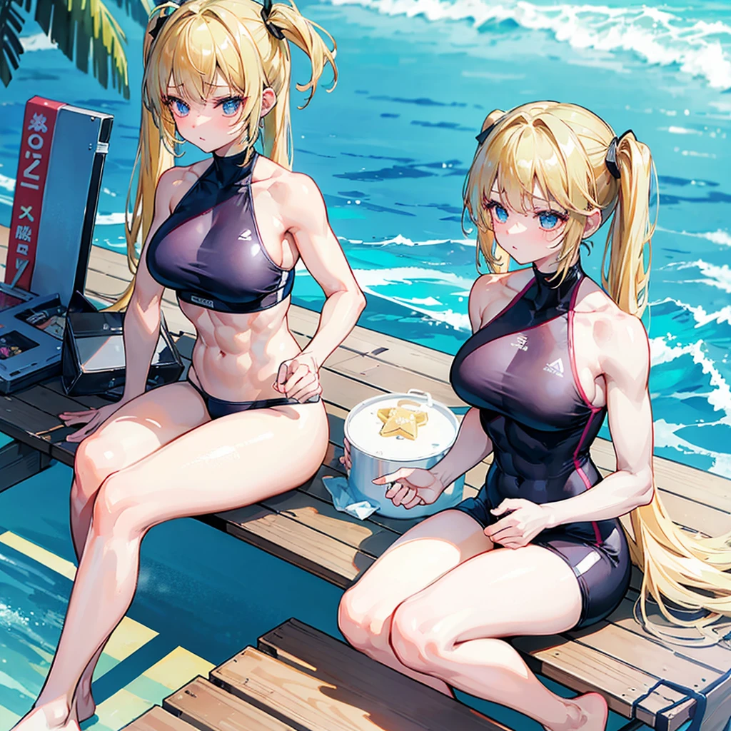 ((masterpiece))、((Top image quality))、((Top image quality))、(((Illustration of one girl)))、(((Muscle Girl)))、((neuter))、((Blonde twintails))、Light golden eyes、((Long body))、(((perspiring)))、((Steam wafting all over the body))、((Muscular and strong body))、((Split abs))、((muscular and thick arms))、((muscular and thick thighs))、((manspreading))、((Sports Swimwear))、Sitting on a deck chair、in poolside