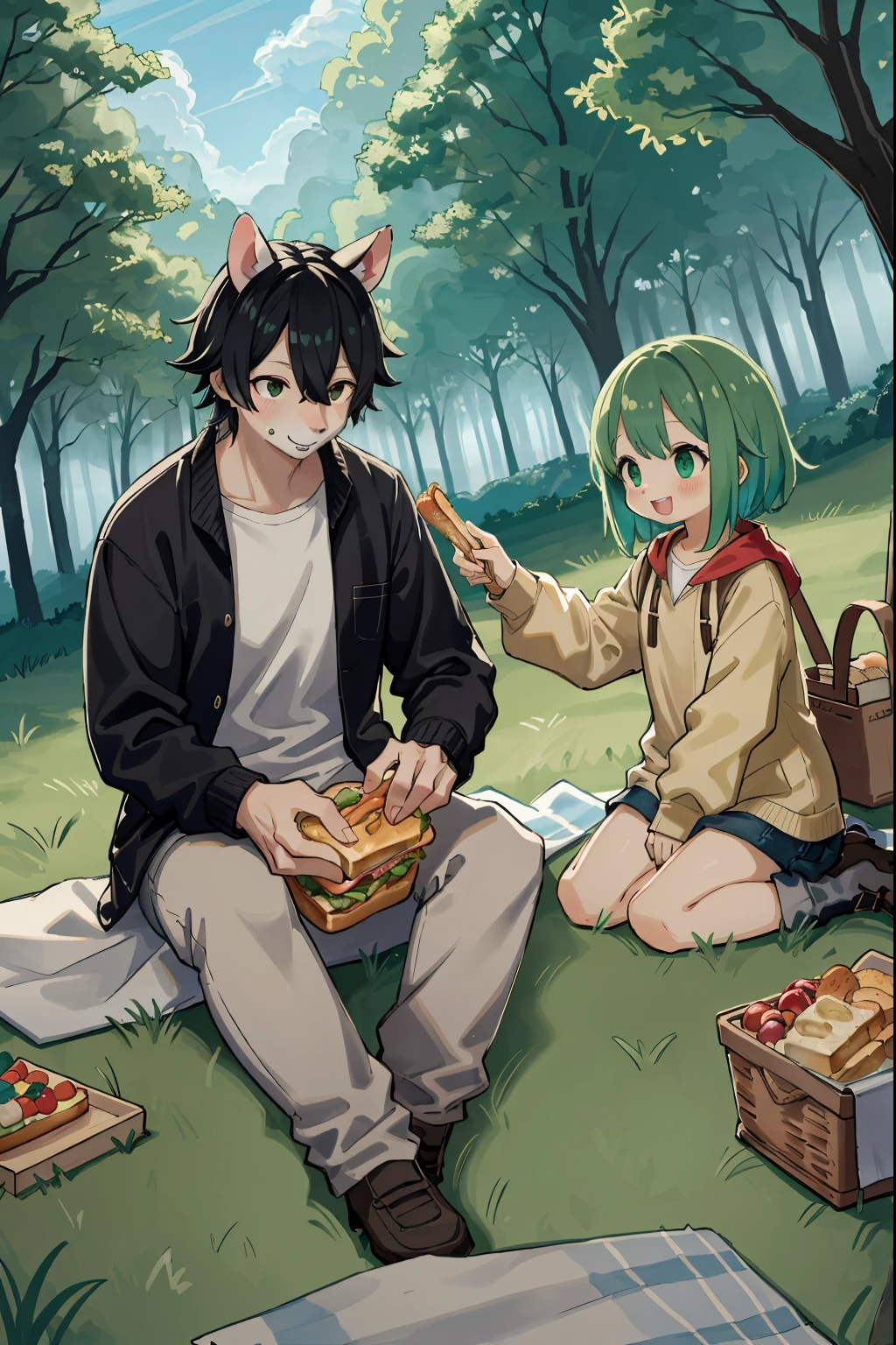cover page, anime key visual, highres, top quality, best quality, paid reward available, High-quality illustrations, unparalleled masterpiece, perfect artwork, absurdres(heartwarming family picnic scene)(in lush green park)(kemono werewolf family with two parents of diverse descents and a child)perfect anatomy, sitting on a colorful blanket, parents smiling and taking out food from a picnic basket, child reaching for sandwich, cheerful and relaxed atmosphere, bright sunny day, trees in the background, fan-created work shared on platforms Pixiv or Twitter, cinematic lighting, dynamic angle,