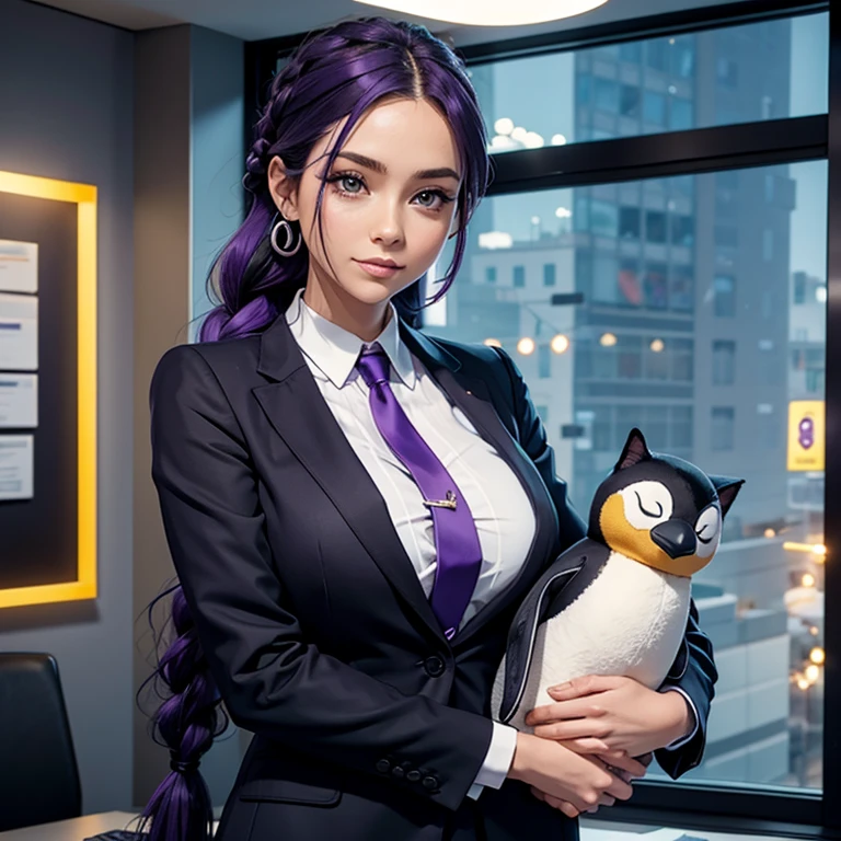 Am office MILF , hugging a stuffed penguin,, office suit, working woman , oreilles de chat, Cat tail,; Dark and Purple hair, Braided long hair, , belle poitrine, clivage, Charismatic character, in a Halo of Light, Avatar de seconde vie, Nice screenshot, Femme seduisante vue complète du corps, High quality, very detailed skin