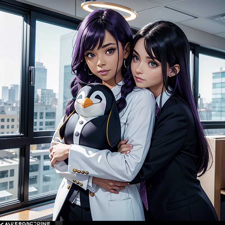 Am office MILF , hugging a stuffed penguin,, office suit, working woman , oreilles de chat, Cat tail,; Dark and Purple hair, Braided long hair, , belle poitrine, clivage, Charismatic character, in a Halo of Light, Avatar de seconde vie, Nice screenshot, Femme seduisante vue complète du corps, High quality, very detailed skin