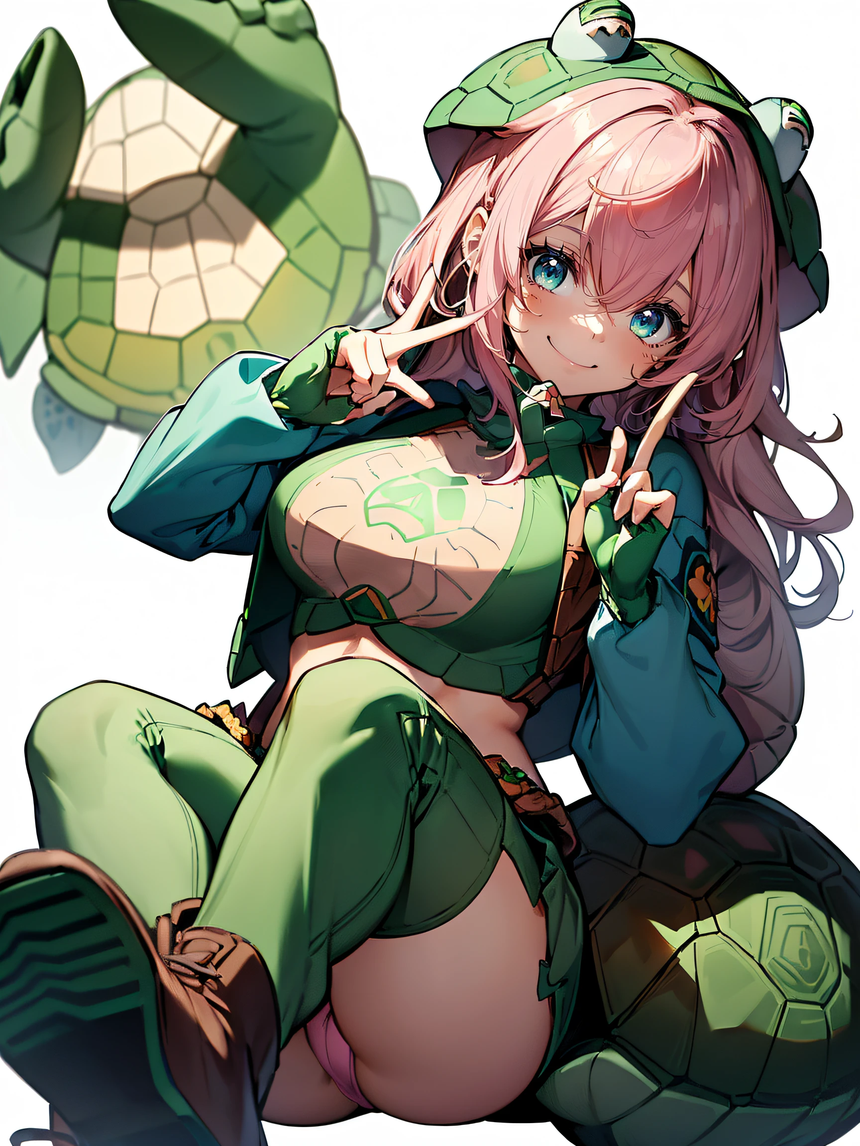 A beautiful girl wearing a turtle costume:1.5, (A beautiful girl:1.4), (a young woman with long pink hair and blue eyes:1.3), (having a cute and cheerful personality:1.3), (wearing a turtle costume:1.4), (a green suit that covers her whole body except her face:1.3), (having a brown shell on her back and a tail:1.3), (having four green gloves and boots that resemble turtle limbs:1.3), (posing for a photo:1.4), (smiling and making a peace sign with her fingers:1.4), (a white background behind her:1.3), (a caption that says “Happy Turtle Day!”:1.3)
