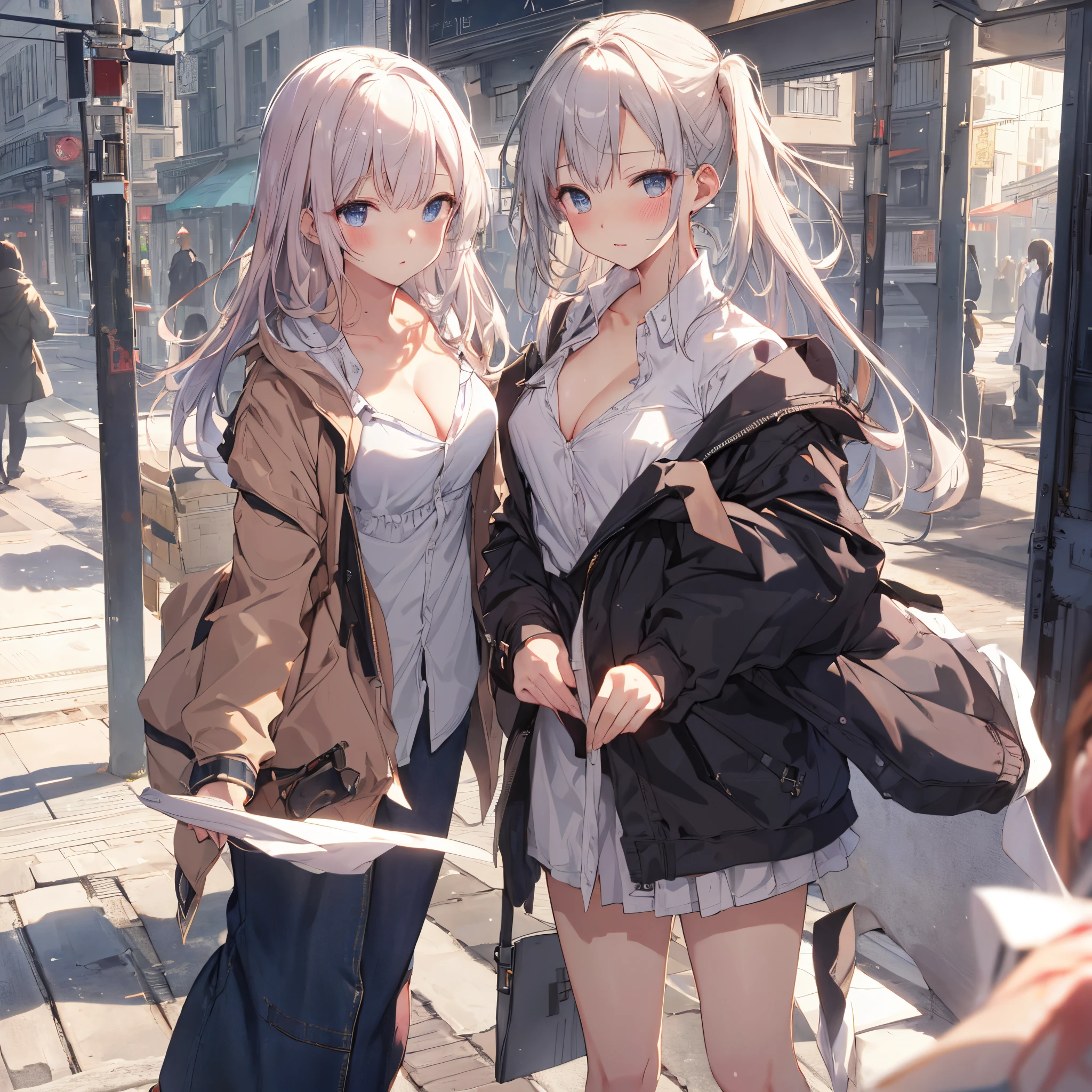 (Original Character、Unity 16K Wallpaper, Masterpiece, Best Quality, Ultra-Detailed, Extremely Detailed, Caustics, Cinematic Lighting, Detailed, Beautiful Detailed Eyes), Ultra High Resolution, fine skin, (busy city、strong light,,flasher、blush、showing chest、skirt、no underwere:1.2,curby)、(brighten the subject、undressing,open clothes),casual、cleavage