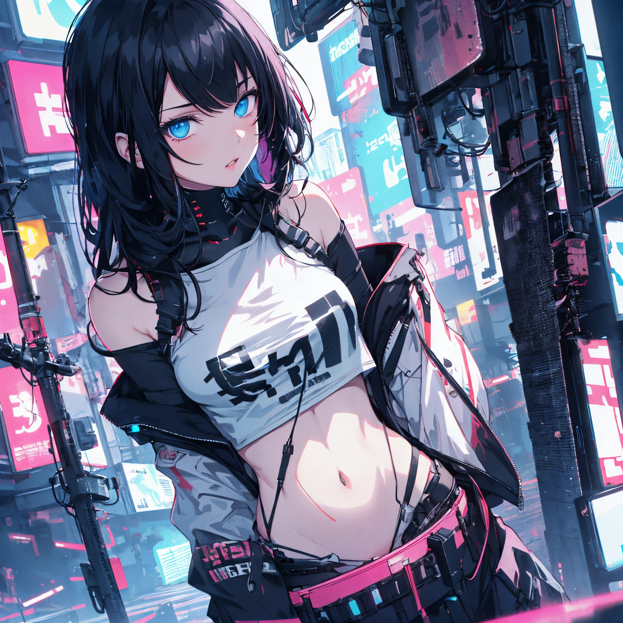 1girl, solo, black hair, barcode, looking at viewer, lips, chromatic aberration, parted lips, long hair, upper body, off shoulder, android, shirt, cyberpunk, blue eyes,science fiction, cable,neon lights,(cyberpunk:1.2),