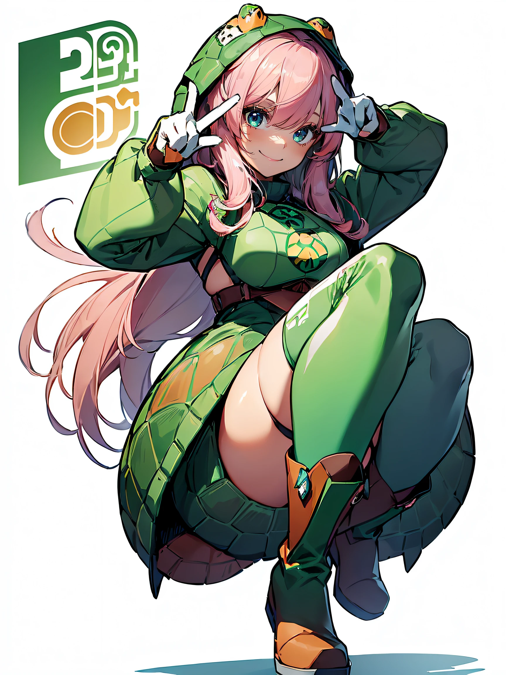 A beautiful girl wearing a turtle costume:1.5, (A beautiful girl:1.4), (a young woman with long pink hair and blue eyes:1.3), (having a cute and cheerful personality:1.3), (wearing a turtle costume:1.4), (a green suit that covers her whole body except her face:1.3), (having a brown shell on her back and a tail:1.3), (having four green gloves and boots that resemble turtle limbs:1.3), (posing for a photo:1.4), (smiling and making a peace sign with her fingers:1.4), (a white background behind her:1.3), (a caption that says “Happy Turtle Day!”:1.3)