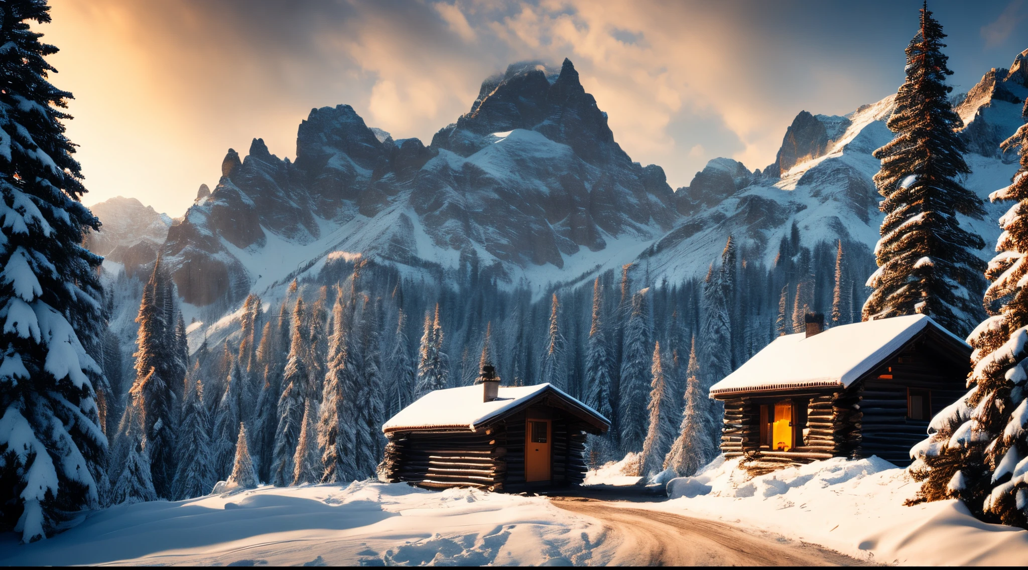 ChromaV5, nvinkpunk, masterpiece, best quality, high quality, extremely detailed realistic 8k wallpaper,landscape with texture ,Landscape photo of the Alps mountains, Austria, award winning photography, bloom, Photorealistic, extremely detailed, trending on artstation, trending on CGsociety, Intricate, High Detail, dramatic, carpathian mountains, ((blizzard)), ((snowy)), log hut, campfire, night time