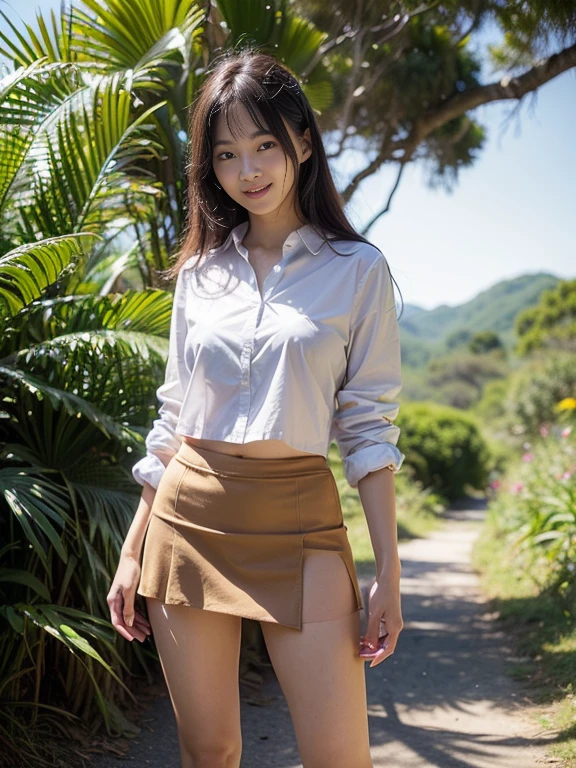 ((top-quality、in 8K、​masterpiece:1.3、Raw photo))、Super high quality photos, In the tropical jungle, ((wearing jacket and skirt)), ((Wear a white blouse shirt under the jacket)), ((Perfect beauty 20 year old idol Japan woman)), ((a smile)), ((protruding nipples under the shirt,,)), ((Hair fluttering in the wind)), ((slim figure)), ((Slim legs)), ((slim thigh)), ((Perfect beauty 20 year old idol Japan woman)), (Photorealistic: 1.4), (Ultra-high detail), (hyper realisitic: 1.4), (Realistic: 1.3), (Smooth lighting: 1.05), Full body, 1girl in, Solo, (Japanese actressl),　20yr old, cinematlic lighting,  ((Leaner figure)), Good anatomy, Correct anatomy, In the tropical jungle, ((Perfect beauty 20 year old idol Japan woman)),  ((Slim legs)), ((slim thigh)), ,((Perfect beauty)), ((He has a small camping bag in one hand.)), ((Panties are visible through the skirt)), ((a smile)), ((camel's toe)), ((Wearing a skirt)), ((The wind is blowing up my skirt and I can see my panties.)),