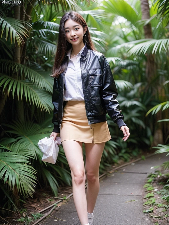 ((top-quality、in 8K、​masterpiece:1.3、Raw photo))、Super high quality photos, In the tropical jungle, ((wearing jacket and skirt)), ((Wear a white blouse shirt under the jacket)), ((Perfect beauty 20 year old idol Japan woman)), ((a smile)), ((protruding nipples under the shirt,,)), ((Hair fluttering in the wind)), ((slim figure)), ((Slim legs)), ((slim thigh)), ((Perfect beauty 20 year old idol Japan woman)), (Photorealistic: 1.4), (Ultra-high detail), (hyper realisitic: 1.4), (Realistic: 1.3), (Smooth lighting: 1.05), Full body, 1girl in, Solo, (Japanese actressl),　20yr old, cinematlic lighting,  ((Leaner figure)), Good anatomy, Correct anatomy, In the tropical jungle, ((Perfect beauty 20 year old idol Japan woman)),  ((Slim legs)), ((slim thigh)), ,((Perfect beauty)), ((He has a small camping bag in one hand.)), ((Panties are visible through the skirt)), ((a smile)), ((camel's toe)), ((Wearing a skirt)), ((The wind is blowing up my skirt and I can see my panties.)),