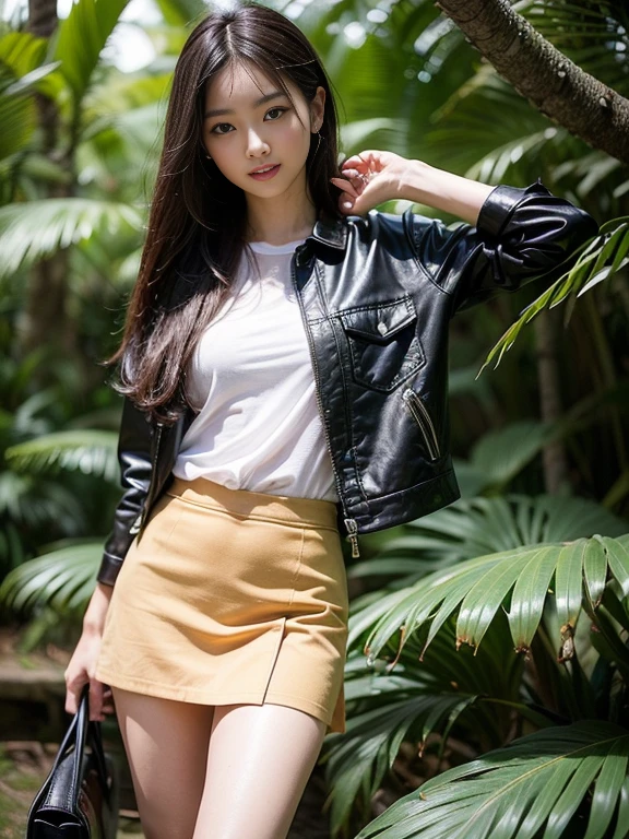 ((top-quality、in 8K、​masterpiece:1.3、Raw photo))、Super high quality photos, In the tropical jungle, ((wearing jacket and skirt)), ((Wear a white blouse shirt under the jacket)), ((Perfect beauty 20 year old idol Japan woman)), ((a smile)), ((protruding nipples under the shirt,,)), ((Hair fluttering in the wind)), ((slim figure)), ((Slim legs)), ((slim thigh)), ((Perfect beauty 20 year old idol Japan woman)), (Photorealistic: 1.4), (Ultra-high detail), (hyper realisitic: 1.4), (Realistic: 1.3), (Smooth lighting: 1.05), Full body, 1girl in, Solo, (Japanese actressl),　20yr old, cinematlic lighting,  ((Leaner figure)), Good anatomy, Correct anatomy, In the tropical jungle, ((Perfect beauty 20 year old idol Japan woman)),  ((Slim legs)), ((slim thigh)), ,((Perfect beauty)), ((He has a small camping bag in one hand.)), ((Panties are visible through the skirt)), ((a smile)), ((camel's toe)), ((Wearing a skirt)), ((The wind is blowing up my skirt and I can see my panties.)),