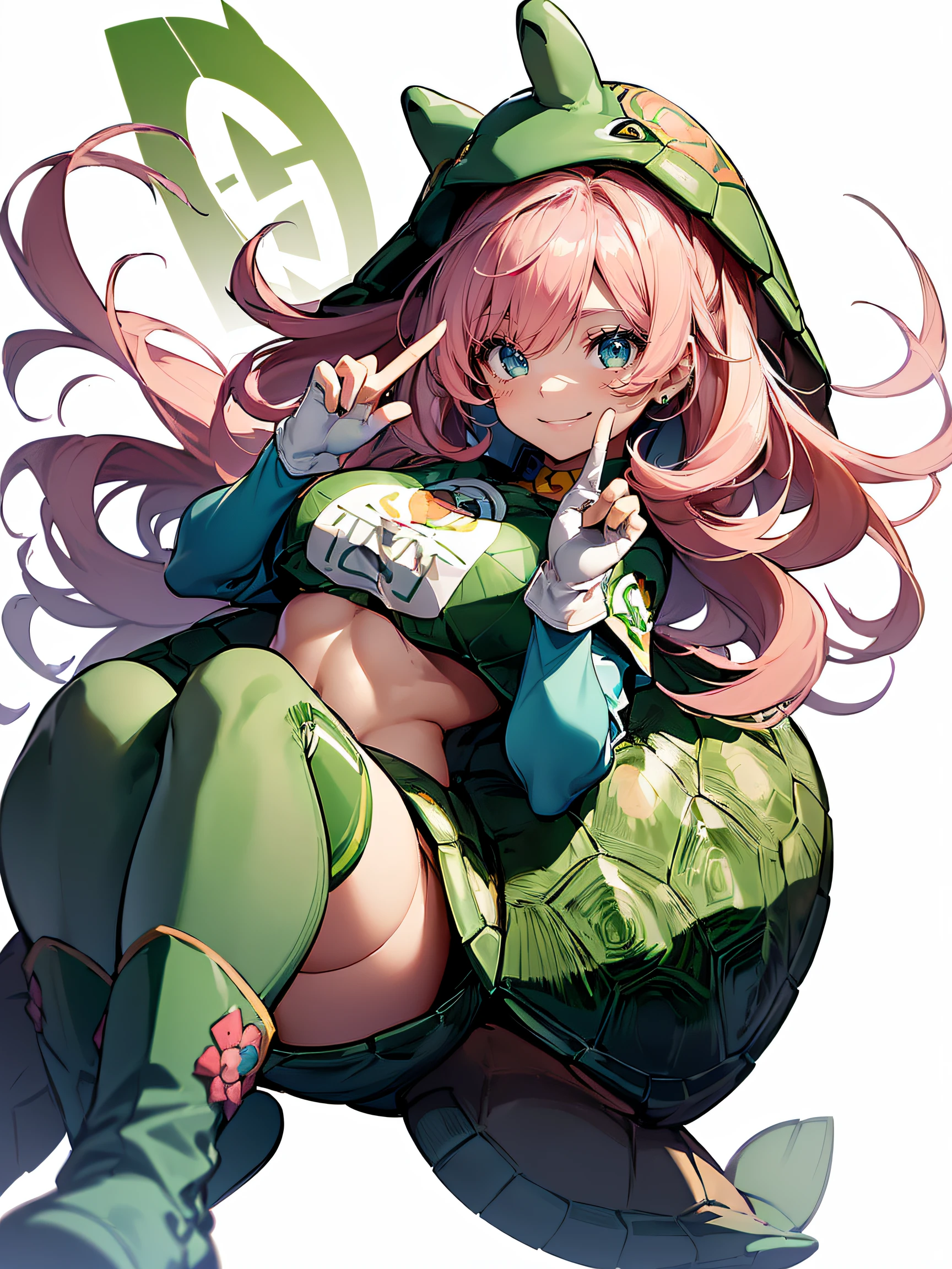 A beautiful girl wearing a turtle costume:1.5, (A beautiful girl:1.4), (a young woman with long pink hair and blue eyes:1.3), (having a cute and cheerful personality:1.3), (wearing a turtle costume:1.4), (a green suit that covers her whole body except her face:1.3), (having a brown shell on her back and a tail:1.3), (having four green gloves and boots that resemble turtle limbs:1.3), (posing for a photo:1.4), (smiling and making a peace sign with her fingers:1.4), (a white background behind her:1.3), (a caption that says “Happy Turtle Day!”:1.3)