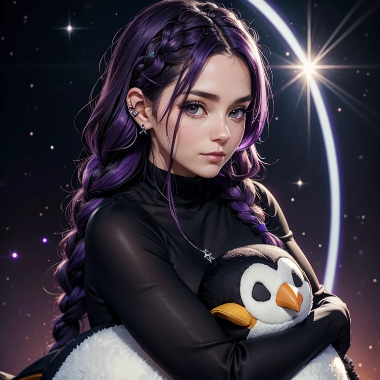 A milf hugging a stuffed penguin,, oreilles de chat, Dark and Purple hair, Braided long hair, , belle poitrine, clivage, Charismatic character, in a Halo of Light, Avatar de seconde vie, Nice screenshot, Femme seduisante vue complète du corps, High quality, very detailed skin