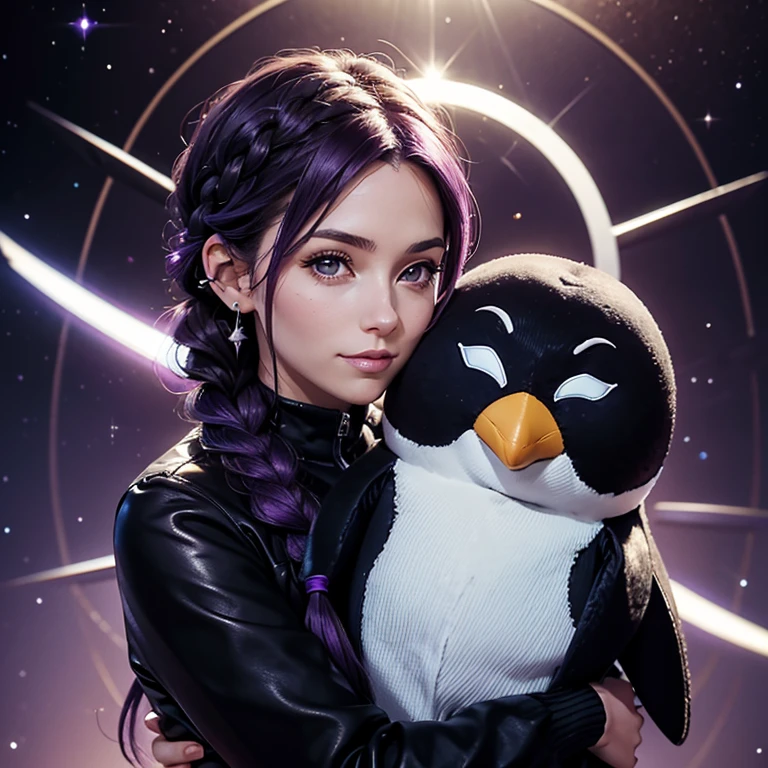 A milf hugging a stuffed penguin,, oreilles de chat, Dark and Purple hair, Braided long hair, , belle poitrine, clivage, Charismatic character, in a Halo of Light, Avatar de seconde vie, Nice screenshot, Femme seduisante vue complète du corps, High quality, very detailed skin