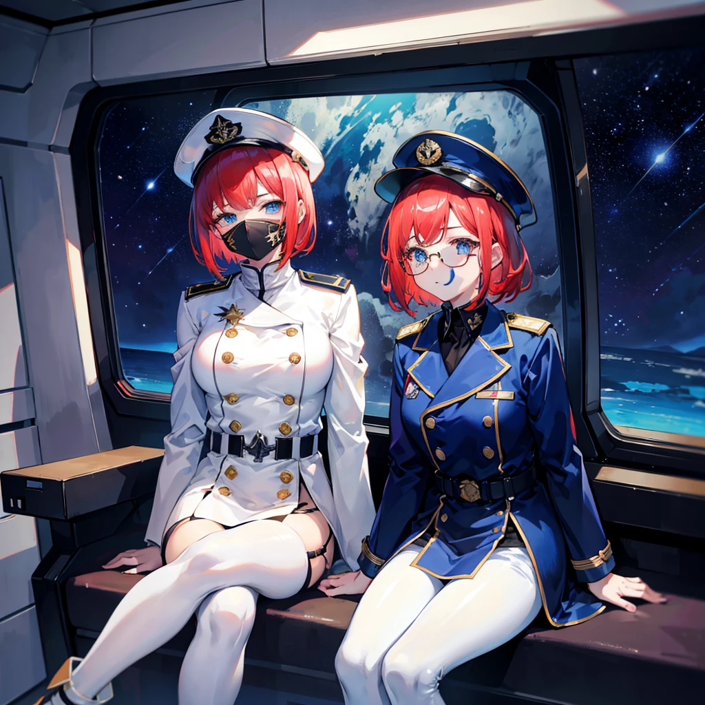 (((masterpiece)))、(((Top image quality)))、(((top-quality)))、(Illustration of one woman)、full bodyesbian、((25-years old))、Red-haired shorthair、(Thin hair hanging down both sides of the face)、Blue eyes、(((neuter)))、((Tall))、(((Muscular and strong body)))、((muscular and thick arms))、((muscular and thick legs))、(((manspreading)))、opening legs、((Military uniforms))、((Military Cap))、((Military coat))、(white clothes)、(White pants)、(White cap)、trench coat、((Inside the spaceship、Sitting in the captain's seat))、(Outside the window、kosmos、Earth seen from space、Spaceport)
