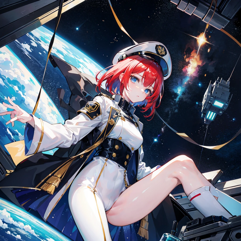 (((masterpiece)))、(((Top image quality)))、(((top-quality)))、(((Illustration of one woman)))、full bodyesbian、Red-haired shorthair、(Thin hair hanging down both sides of the face)、Blue eyes、(((neuter)))、((Tall))、(((Muscular and strong body)))、((muscular and thick arms))、((muscular and thick legs))、(((manspreading)))、opening legs、((Military uniforms))、((Military Cap))、((Military coat))、(white clothes)、(White pants)、(White cap)、trench coat、((Inside the spaceship、Sitting in the captain's seat))、(Outside the window、Earth seen from space)