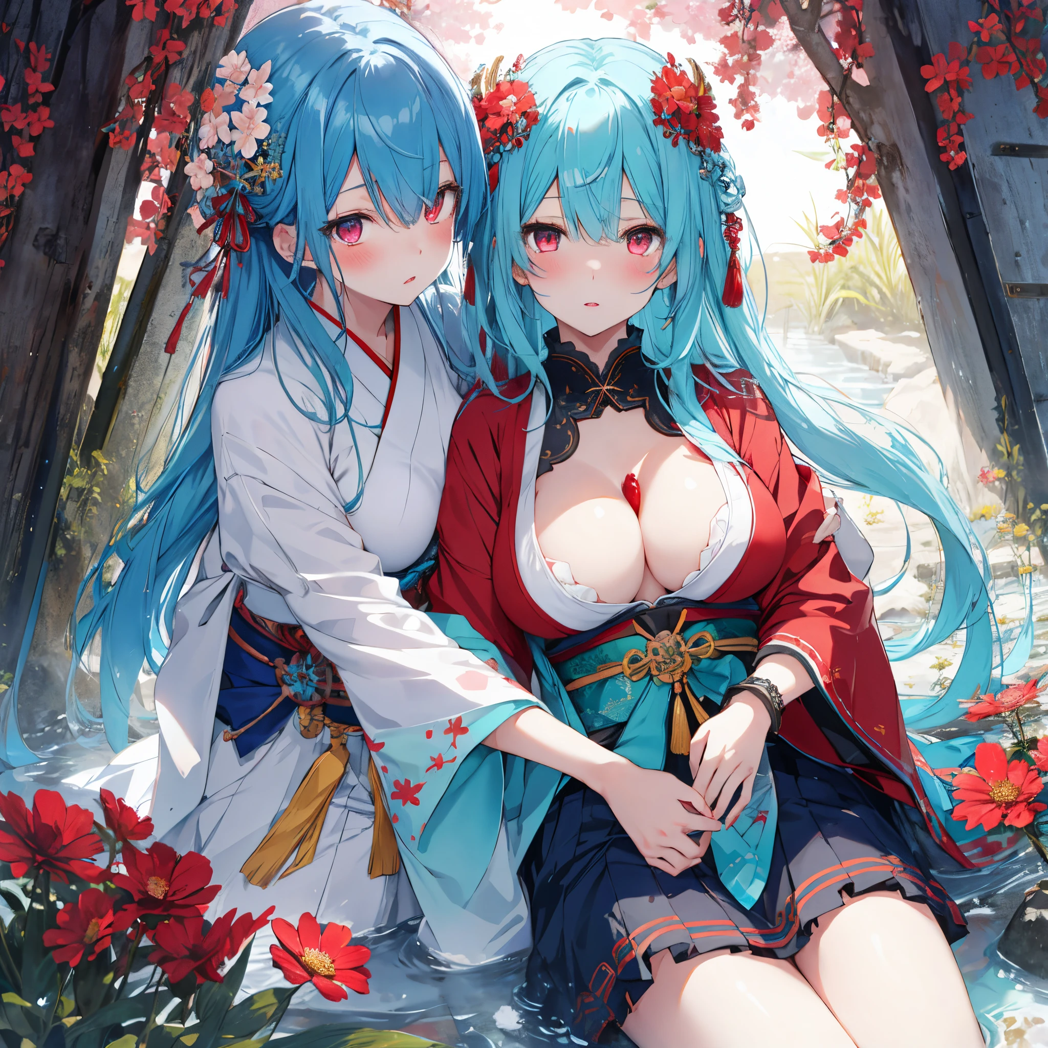 Realistic, 2girl, blue hair, red eyes, glowing eyes, cut top, skirt, parted lips, blush, night, flowers, sun, sunlight, big breasts, Turquoise route Saint Luc, Japanese goddess