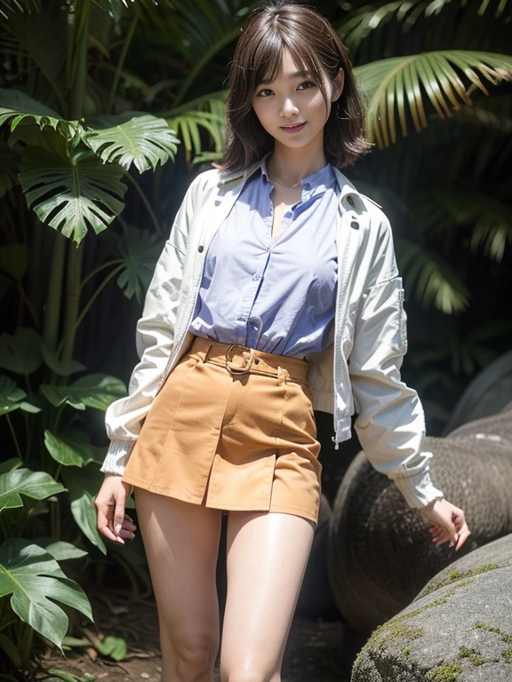 ((top-quality、in 8K、​masterpiece:1.3、Raw photo))、Super high quality photos, In the tropical jungle, ((wearing jacket and skirt)), ((Wear a white blouse shirt under the jacket)), ((Perfect beauty 20 year old idol Japan woman)), ((a smile)), ((protruding nipples under the shirt,,)), ((Hair fluttering in the wind)), ((slim figure)), ((Slim legs)), ((slim thigh)), ((Perfect beauty 20 year old idol Japan woman)), (Photorealistic: 1.4), (Ultra-high detail), (hyper realisitic: 1.4), (Realistic: 1.3), (Smooth lighting: 1.05), Full body, 1girl in, Solo, (Japanese actressl),　20yr old, cinematlic lighting,  ((Leaner figure)), Good anatomy, Correct anatomy, In the tropical jungle, ((Perfect beauty 20 year old idol Japan woman)),  ((Slim legs)), ((slim thigh)), ,((Perfect beauty)), ((He has a small camping bag in one hand.)), ((Panties are visible through the skirt)), ((a smile)), ((camel's toe)), ((Wearing a skirt)), ((The wind is blowing up my skirt and I can see my panties.)),