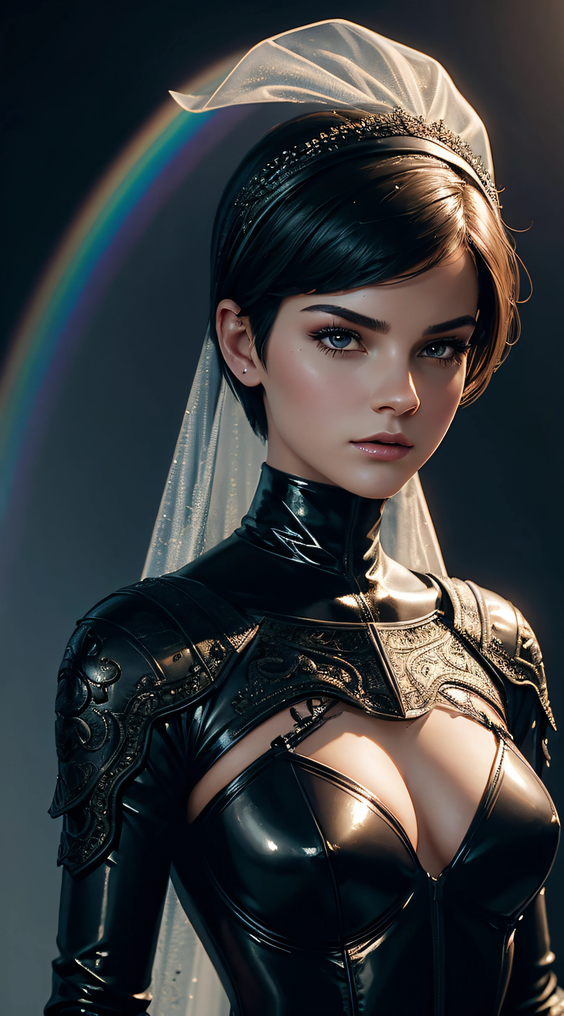Brianna Hildebrand, latex veil bride sexy clothes, stand in front of a rainbow, character portrait, 3 9 9 0 s, short hair, intricate, elegant, highly detailed, digital painting, artstation, concept art, smooth, sharp focus, illustration, art by wlop, charlie bowater and alexandra fomina