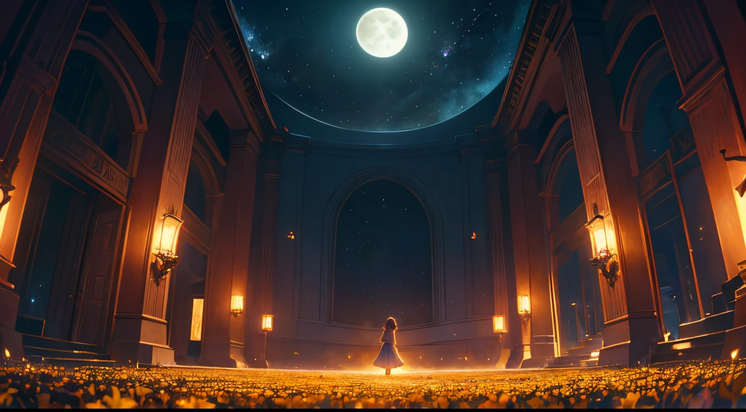 expansive landscape photograph , (a view from below that shows sky above and open field below), a girl standing on flower field looking up, (full moon:1.2), ( shooting stars:0.9), (nebula:1.3), distant mountain, tree BREAK production art, (warm light source:1.2), (Firefly:1.2), lamp, lot of purple and orange, intricate details, volumetric lighting, realism BREAK (masterpiece:1.2), (best quality), 4k, ultra-detailed, (dynamic composition:1.4), highly detailed, colorful details,( iridescent colors:1.2), (glowing lighting, atmospheric lighting), dreamy, magical, (solo:1.2)