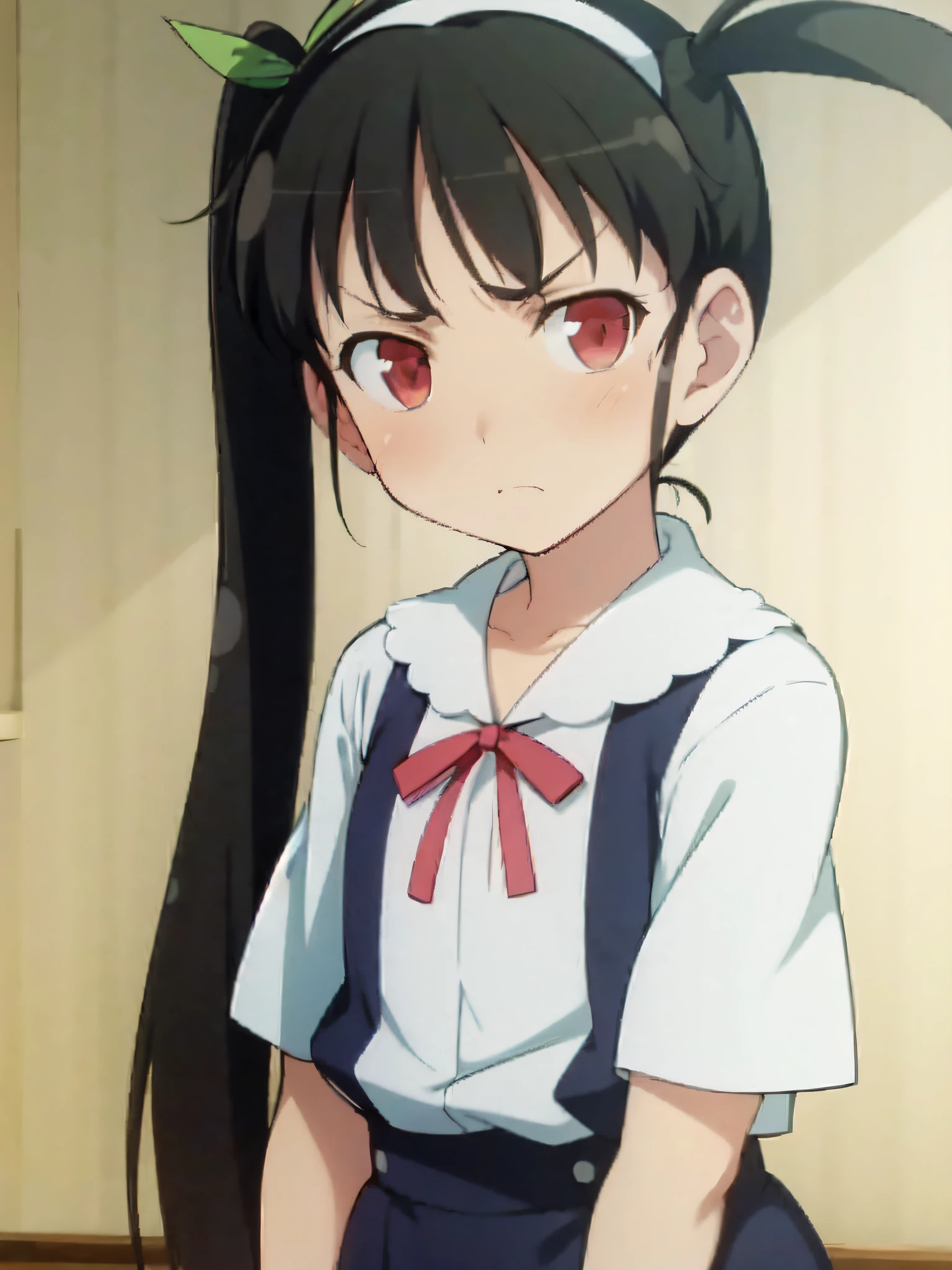 hachikuji mayoi, highres, absurdres, looking at viewer, anime, anime screencap, indoors, long hair, twintails, white shirt, suspenders, documentary, bedroom, flat chest, annoyed, blush
