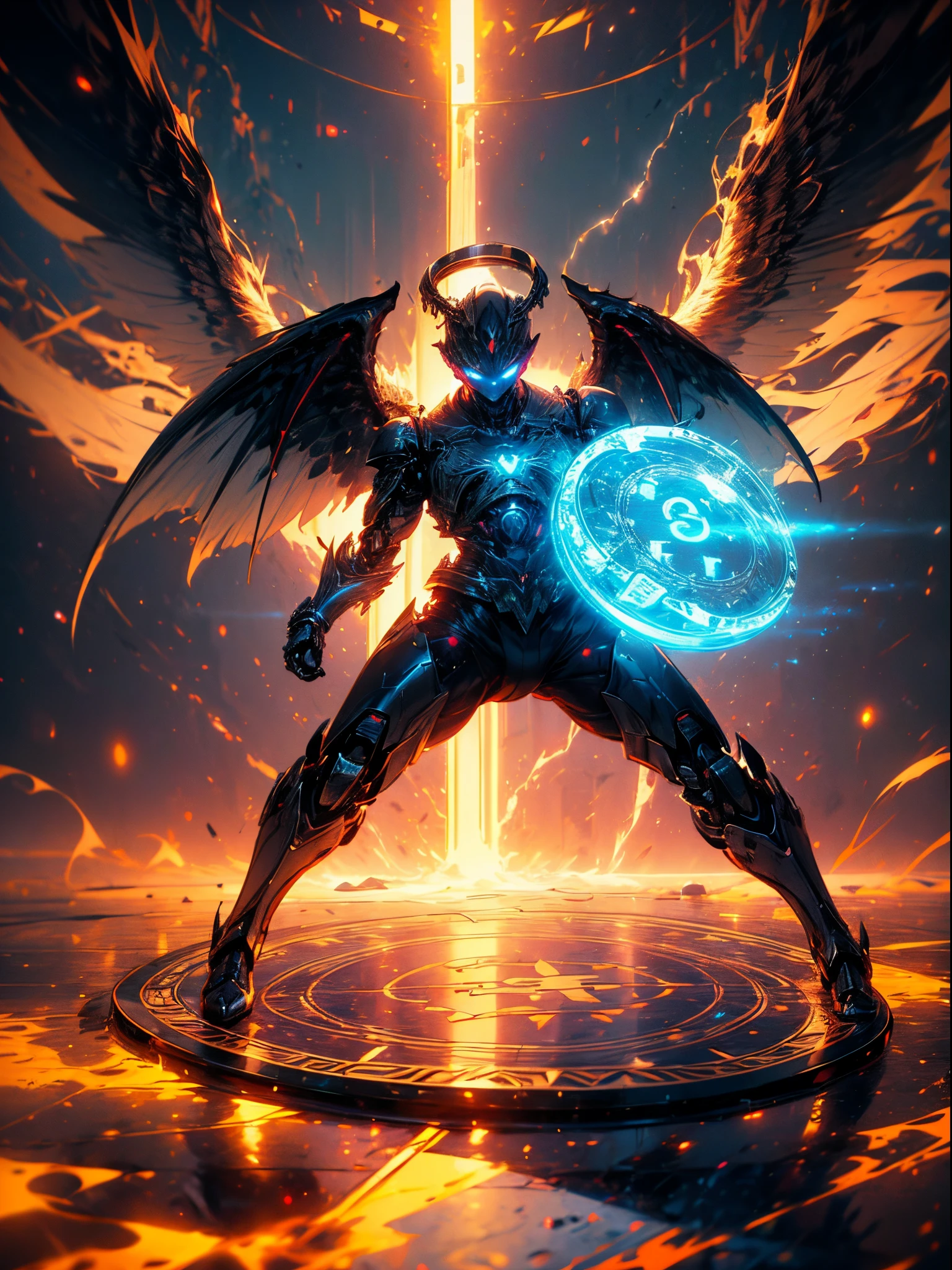 (Full body shot:1.4),(Wide Angle Shot), (Intricate details:1.4), (Masterpiece) , ((Anime Robot, Beautiful White Skin Golem, Angel, 1boy, Magic)), (Perfect Aesthetic Eyes:1.3) , (Detailed Eyes) , (Halo) , (Elden ring:1.4), (Wings:1.3), Glowing, Twintails Hair, Multicolored Hair, (Anatomically Correct Body:1.4) , Angry, (Perfect Face), Saenyo Ancalagon Majestic Guardian Knight | Ultra Detailed Robotic Armor | Cinematic Lighting | Intricate filigree metal design | 16k | Unreal Engine 5 | Octane Render | 3d, (anatomically correct :1.4), (Ultra Detailed, Fantasy Background, Blush, Solo, Fightning Stance), (magic circle:1.3), Lightning Effect, (Ray Tracing), Show Your Ability A.I., (Glowing Eyes) , (Particles Glowing) , 16k Wallpaper, Robot Female, Trending on Pintrest, By Nimox AI, UHD