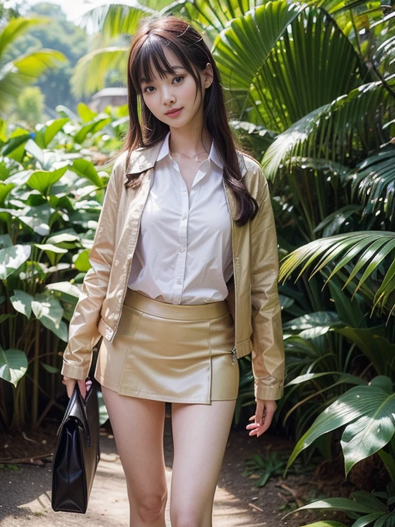 ((top-quality、in 8K、​masterpiece:1.3、Raw photo))、Super high quality photos, In the tropical jungle, ((wearing jacket and skirt)), ((Wear a white blouse shirt under the jacket)), ((Perfect beauty 20 year old idol Japan woman)), ((a smile)), ((protruding nipples under the shirt,,)), ((Hair is fluttering in strong winds)), ((slim figure)), ((Slim legs)), ((slim thigh)), ((Perfect beauty 20 year old idol Japan woman)), (Photorealistic: 1.4), (Ultra-high detail), (hyper realisitic: 1.4), (Realistic: 1.3), (Smooth lighting: 1.05), Full body, 1girl in, Solo, (Japanese actressl),　20yr old, cinematlic lighting, ((slim figure)), ((Leaner figure)), Good anatomy, Correct anatomy, In the tropical jungle, ((Perfect beauty 20 year old idol Japan woman)), ((slim figure)), ((Slim legs)), ((slim thigh)), ,((Perfect beauty)), ((He has a small camping bag in one hand.)), ((Panties are visible through the skirt)), ((a smile)), ((camel's toe)), ((The strong wind blew my skirt up and I could see my panties.)),