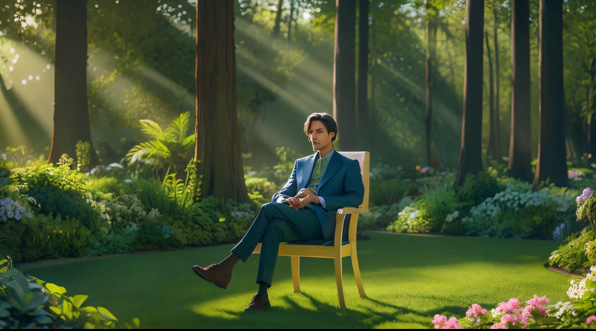 a beautiful landscape with vibrant colors, realistic lighting, and exquisite details. The man is dressed in a stylish suit and is sitting on a comfortable chair. He has a calm expression on his face and is engrossed in watching something on a futuristic holographic display. The garden around him is filled with blooming flowers and lush greenery, creating a serene and peaceful atmosphere. The sunlight filters through the trees, casting warm and soft rays of light on the scene. The artwork is created using high-quality materials and techniques, resulting in a masterpiece that showcases the beauty of nature and technology.