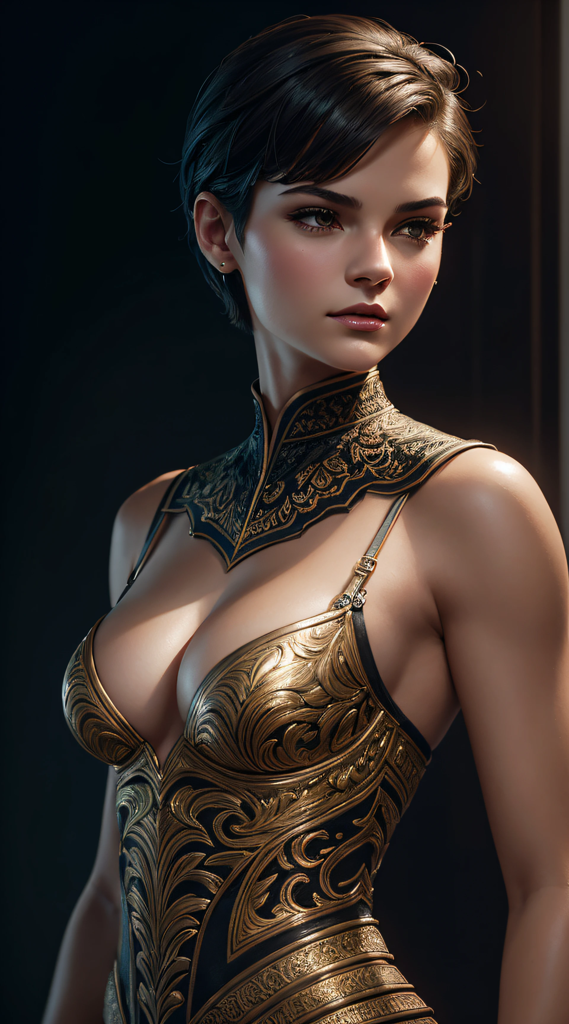 Brianna Hildebrand, hawaii sexy clothes, character portrait, 3 9 9 0 s, short hair, intricate, elegant, highly detailed, digital painting, artstation, concept art, smooth, sharp focus, illustration, art by wlop, charlie bowater and alexandra fomina