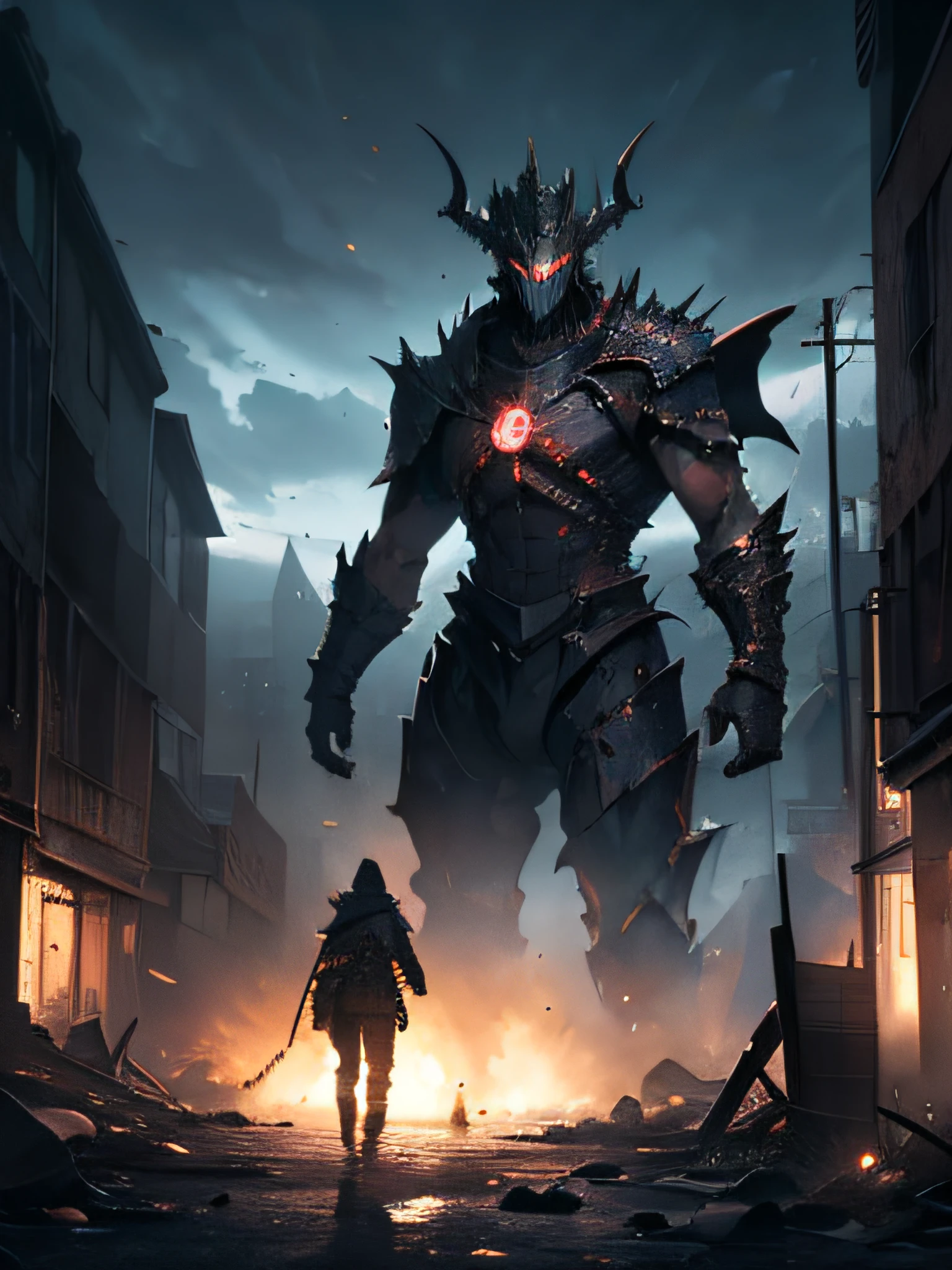 (best quality,highres,masterpiece:1.2),ultra-detailed knight,realistic,bloody,scary,dark souls knight and his dragon pet,with big pet dragon and dragon armor,boss fight,super dark art,violent,gruesome,ominous,chaotic,spooky,cryptic,dramatic lighting,intense action,detailed textures,combat,terrifying,heavy atmosphere,horror,nighttime,shadowy figures,glowing eyes,majestic dragon,menacing presence,brutal violence,sinister,macabre,apocalyptic setting,demonic,desolate landscape,dark clouds,crumbling ruins,mystical symbols,smoke and mist,shadows and darkness,ominous soundscape,metallic clanking,echoing footsteps