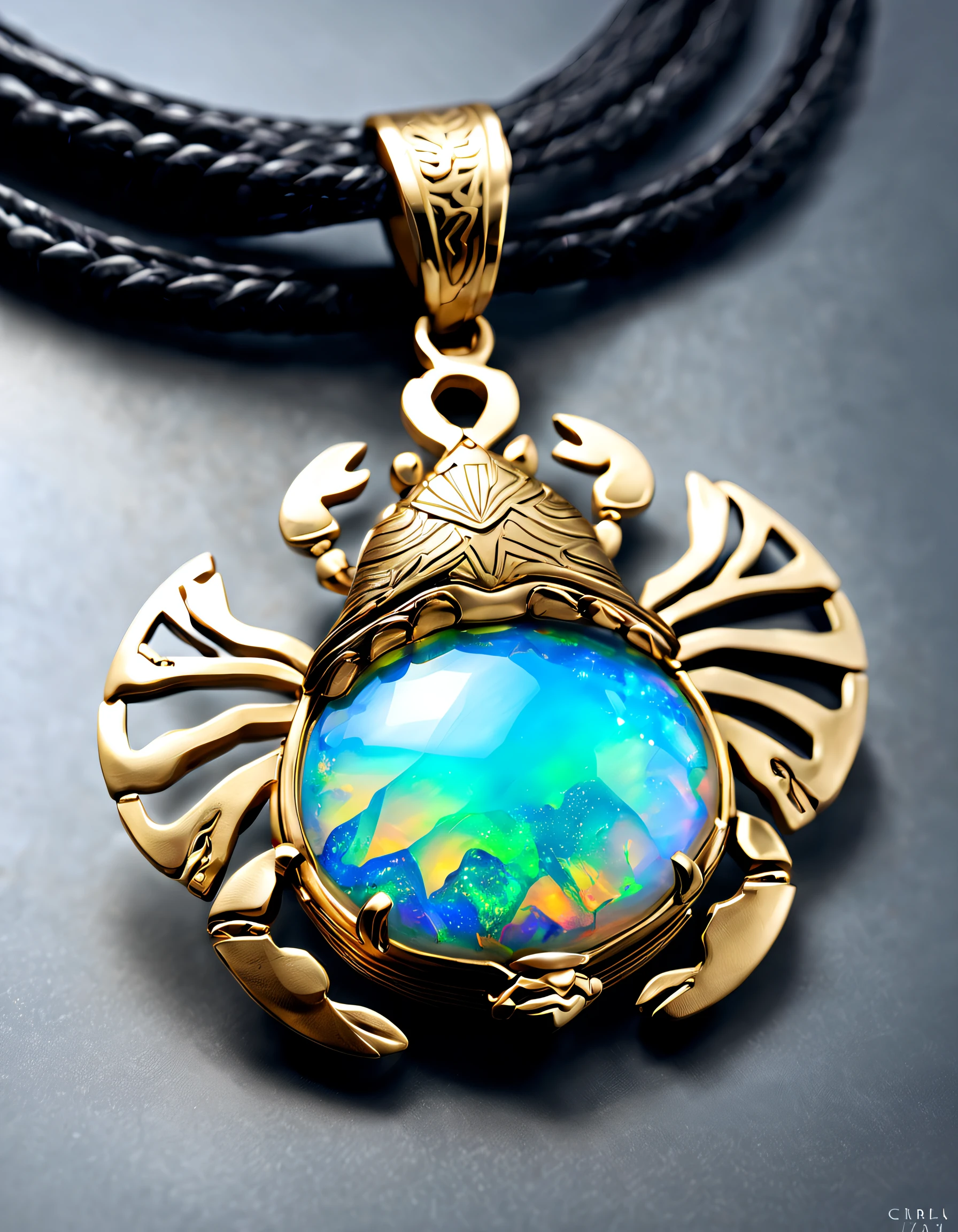 Item design, (Black gold freehand lotus leaf-shaped pendant), (A small golden crab is engraved on it），（double opal: 1.3), (Black leather rope), Frosted process, (12 constellation symbols: 1.1), (Side engraved letters cindy xu), Geometric patterns, delicate constructions, Boho Style, RococoStyle, Van Cleef & Arpels , cartier, 
Background with: The white, jewelry photography, hyper HD, high high quality, fantasy design,